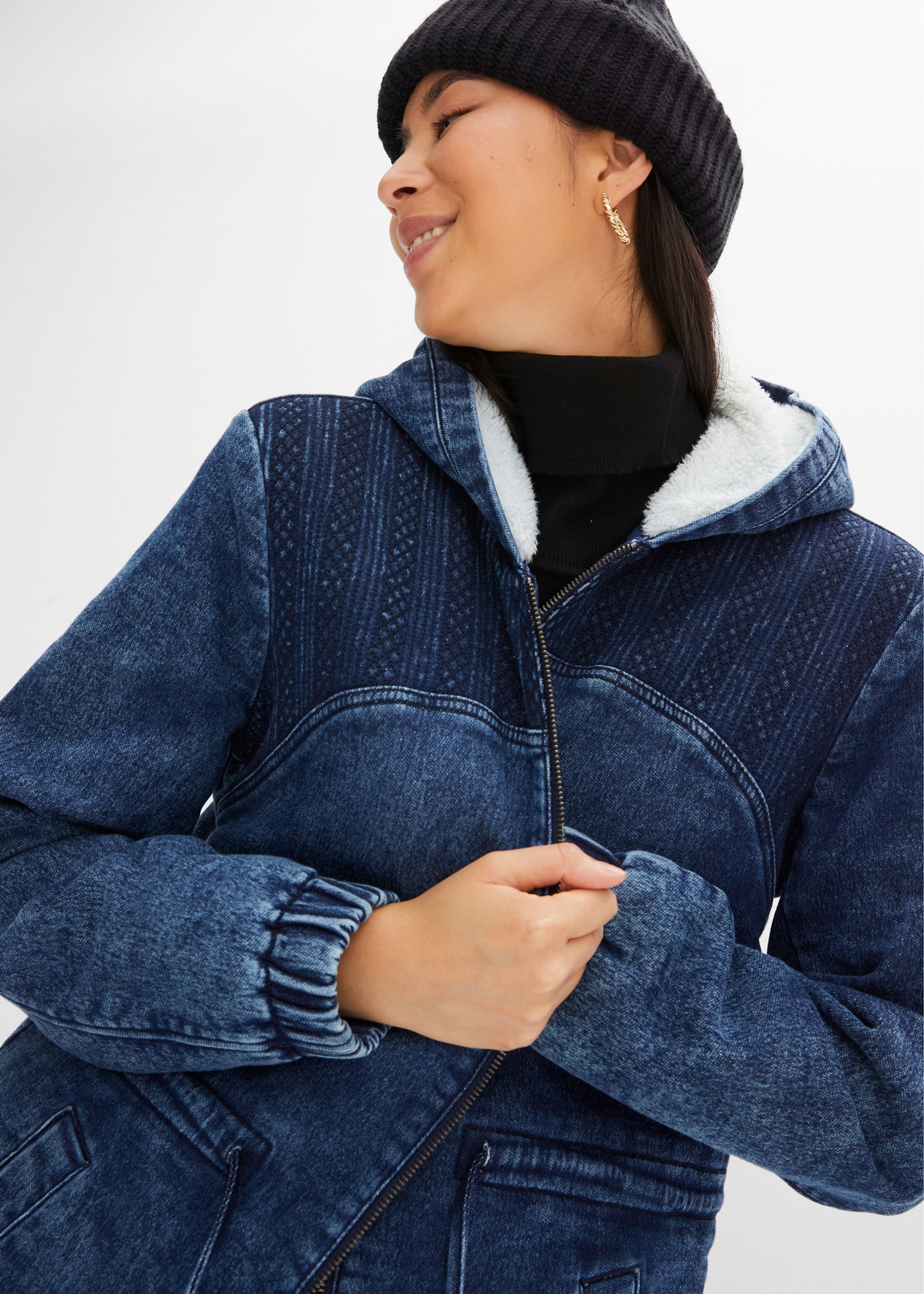 bonprix Parka mit Kapuze lässiger Jeans-Look, mit flauschigem Teddyfell-Futter, mit Kapuze