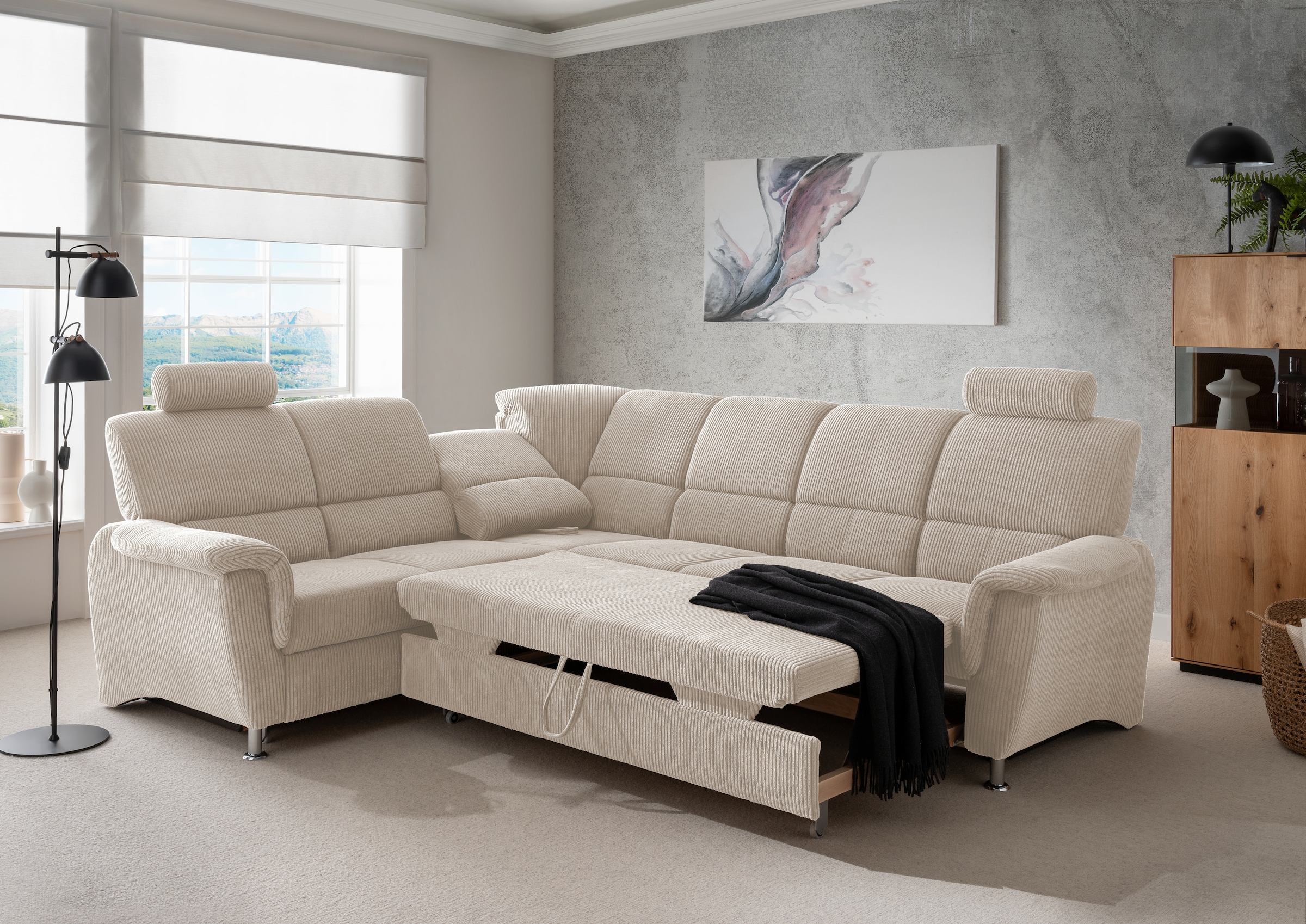 Home affaire Ecksofa »Pisa L-Form, mit Schlaffunktion, Stauraum, 2x höhenverstellbare«, Kopfstützen und Relaxfunktion im Eckelement