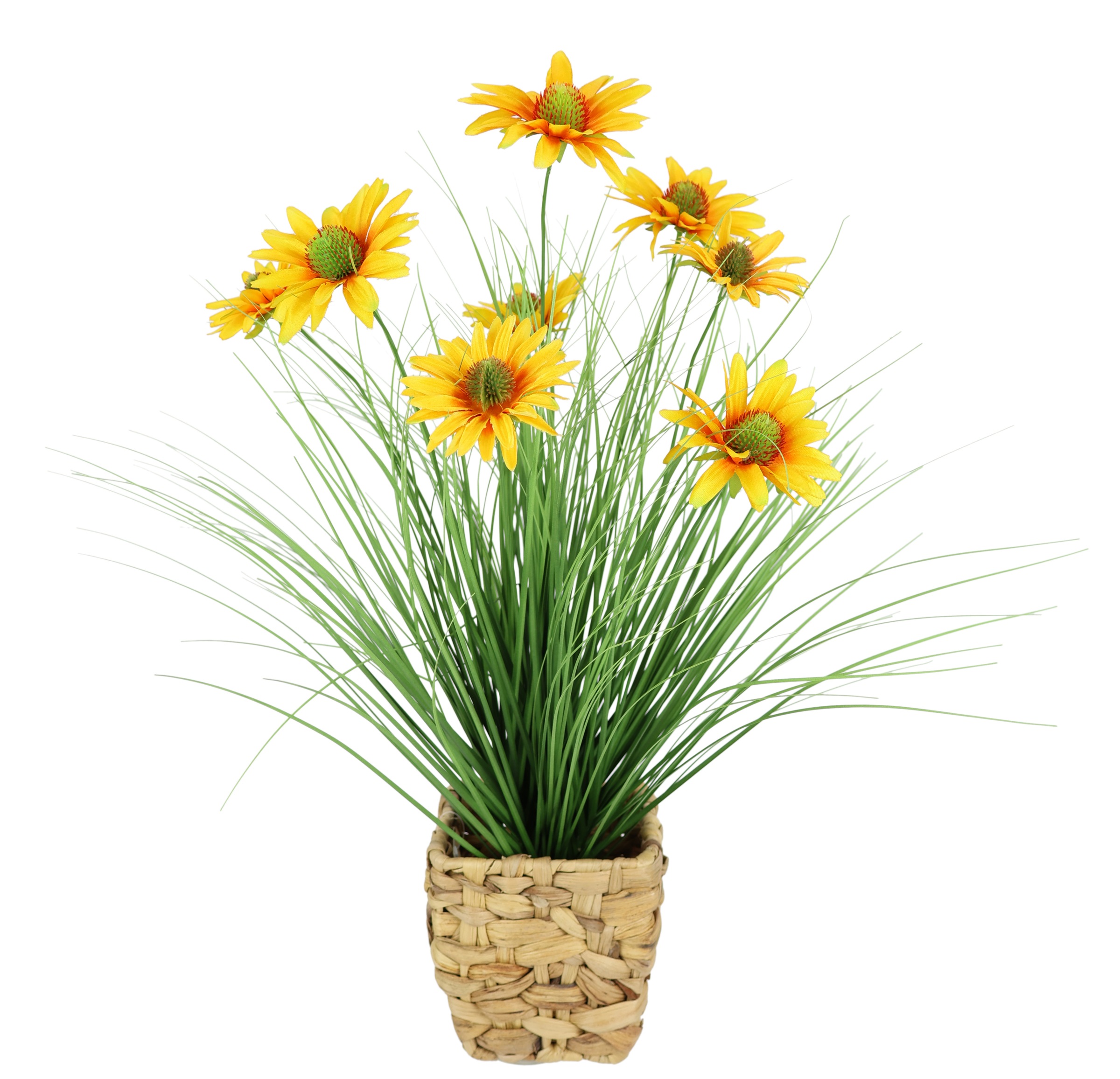 I.GE.A. Kunstblume »Künstliches Gras Sonnenhut im Übertopf 60cm Grünpflanze mit Blüten« Kunstpflanze Kunstgras Dekogras Grasbusch Dekopflanze Pflanzendeko