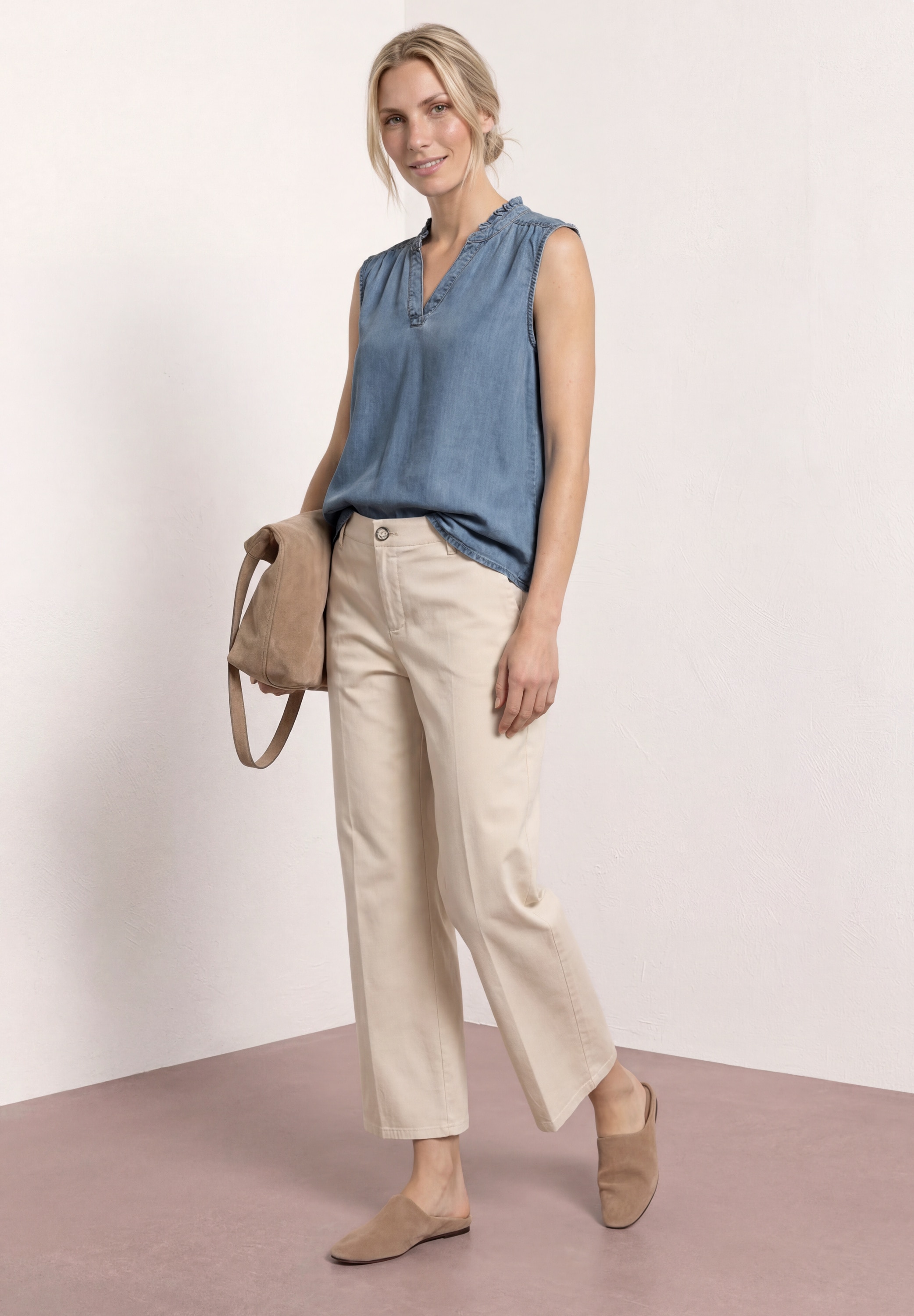 STREET ONE Blusentop Sommertop mit Rüschen im Denim-Look
