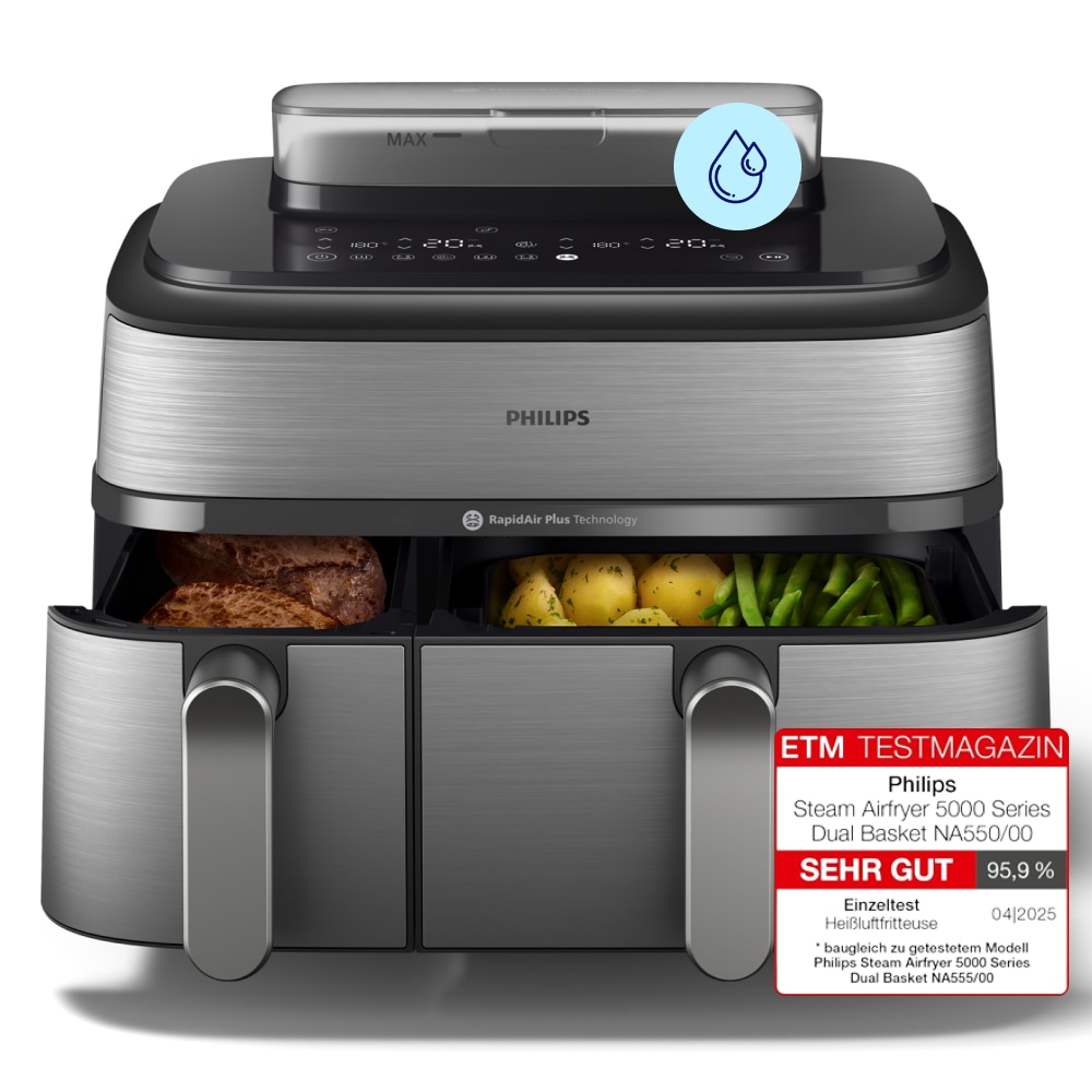 Philips Heißluftfritteuse »NA555/00 Steam Airfryer 5000 Series Dual Basket, 9L Kapazität (3L+6L)« 2750 W mit Dampfgar-Funktion; Silber/Edelstahl
