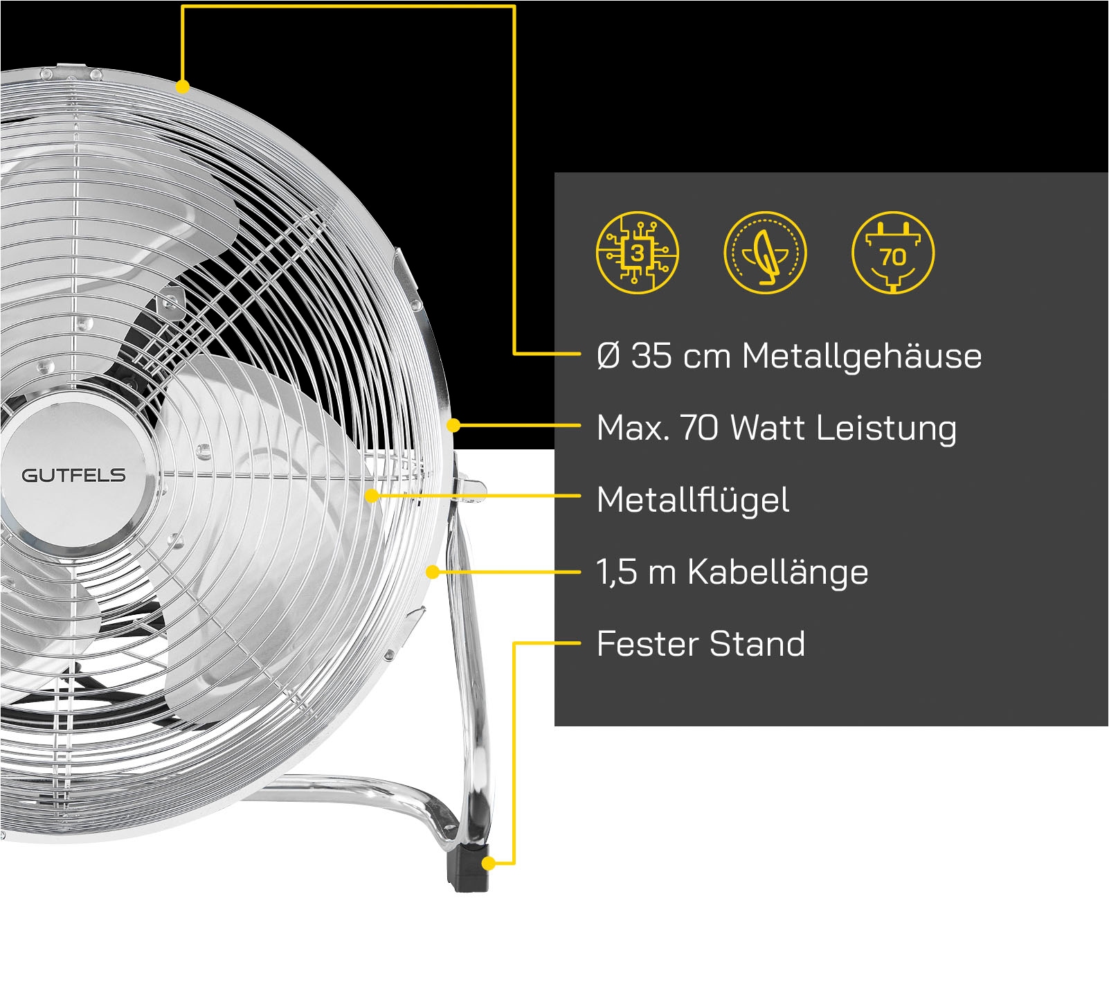 Gutfels Bodenventilator »VB 37058 ch«, Ø 35 cm, Vollmetall, 70 W Leistung, edelstahlfarben