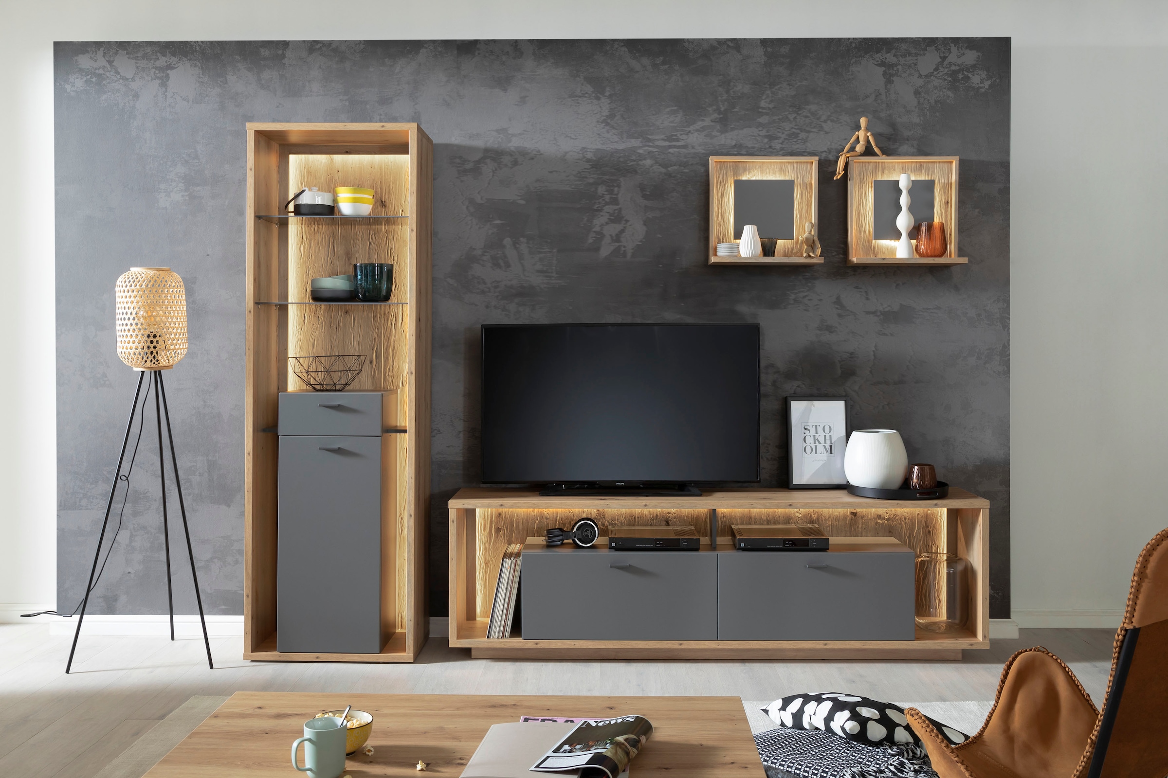 MCA furniture Wohnwand »Lizzano«, (Set, 4 St.), im modernen Landhausstil mit 3-D Rückwand, wahlweise mit Beleuchtung