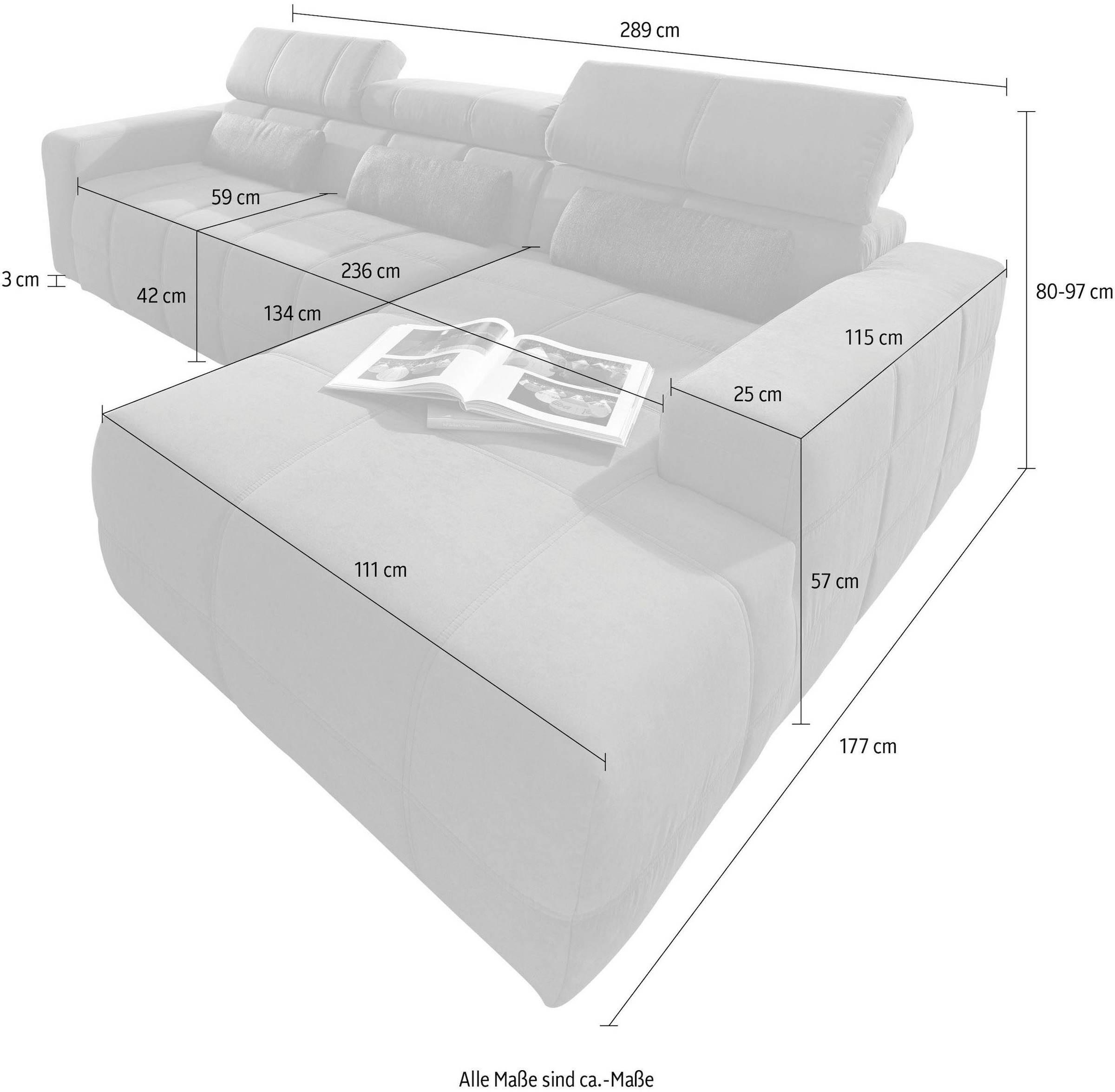 DOMO collection Ecksofa »Brandon Sitzbelastung 140 kg, große Ausführung, B/T/H: 289/177/80 cm«, mit Kopfteilverstellung, wahlweise Sitztiefenverstellung, L-Form