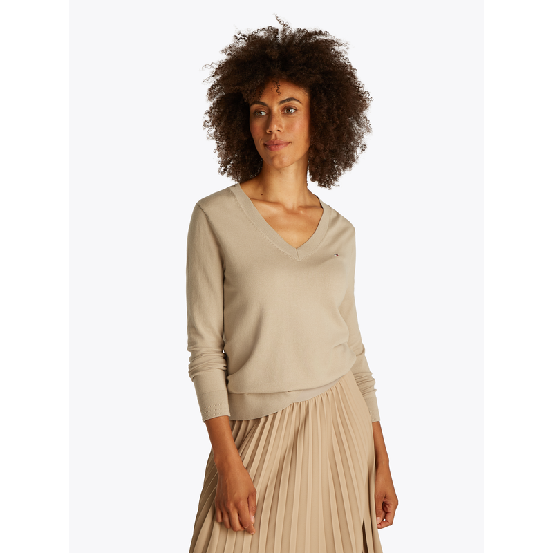 TOMMY HILFIGER V-Ausschnitt-Pullover »CO JERSEY STITCH V-NK SWEATER mit V-Ausschnitt und Ripp« Baumwollmischung Sandalwood L (40) L (40) Pullover...