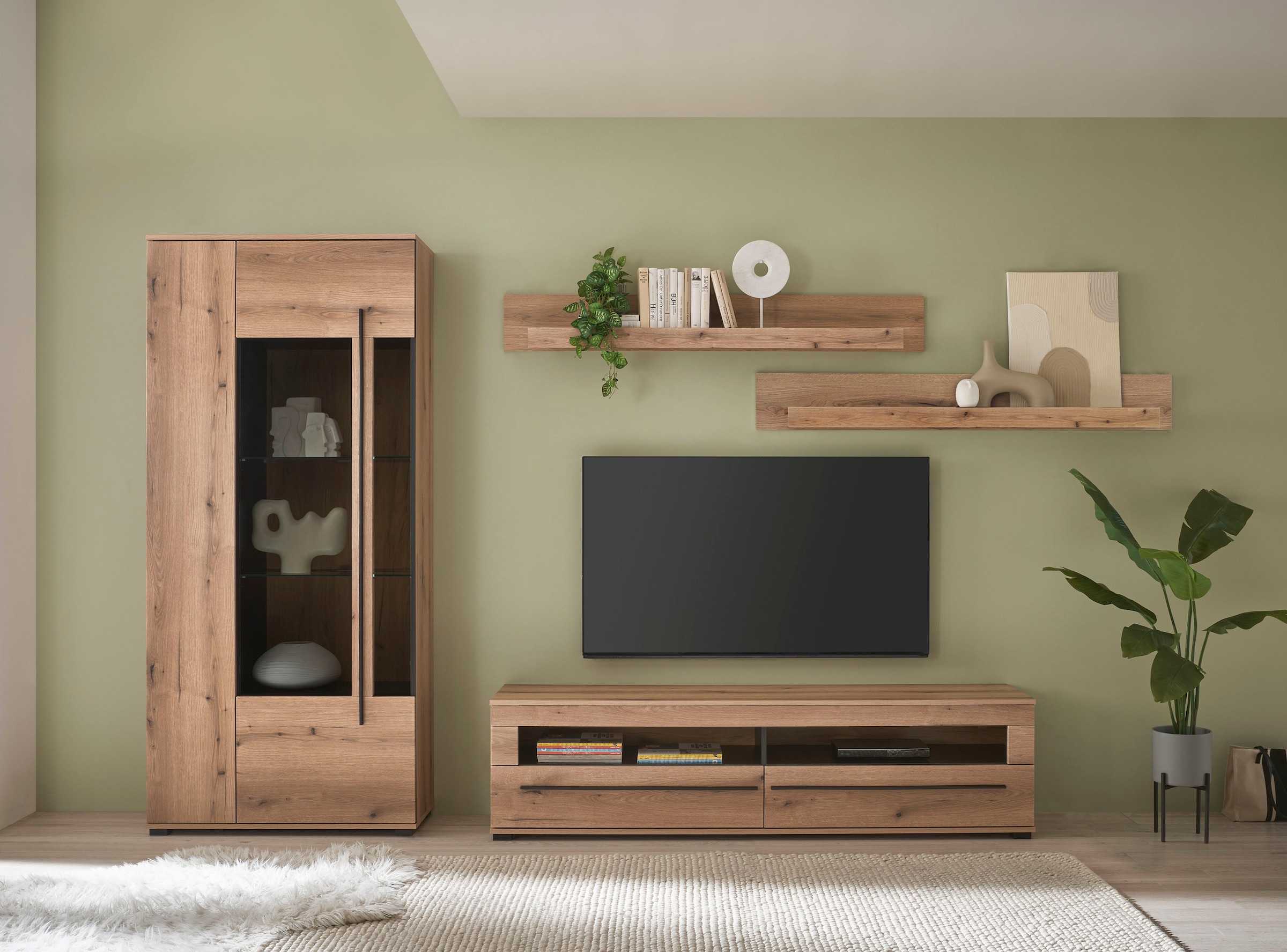 INOSIGN Wohnwand »Cantara, moderne Anbauwand, Wohnzimmer-Set, in Eiche Evoke oder Weiß«, (Set), enthält eine Vitrine, ein Lowboard und zwei Wandboards
