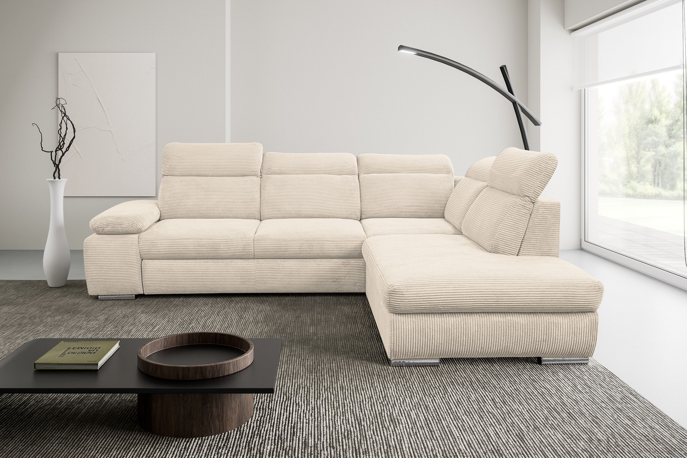 WERK2 Ecksofa »Alicante Cord, inkl. Bettfunktion & Bettkasten, Breite 280cm, L-Form« Schlafsofa mit Bettkasten & verstellbaren Kopfstützen.