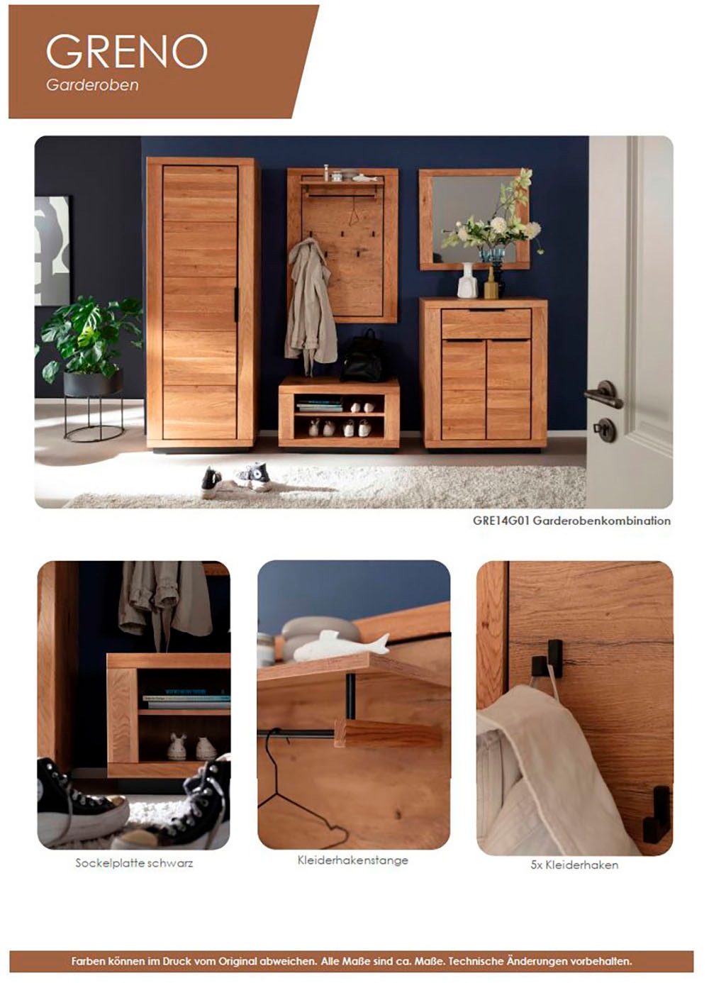 MCA living Garderobenpaneel »Greno Garderobenpaneel Wandgarderobe«, (1 St.), Ablageboden, Garderobenstange aus Metall, 5x Kleiderhaken