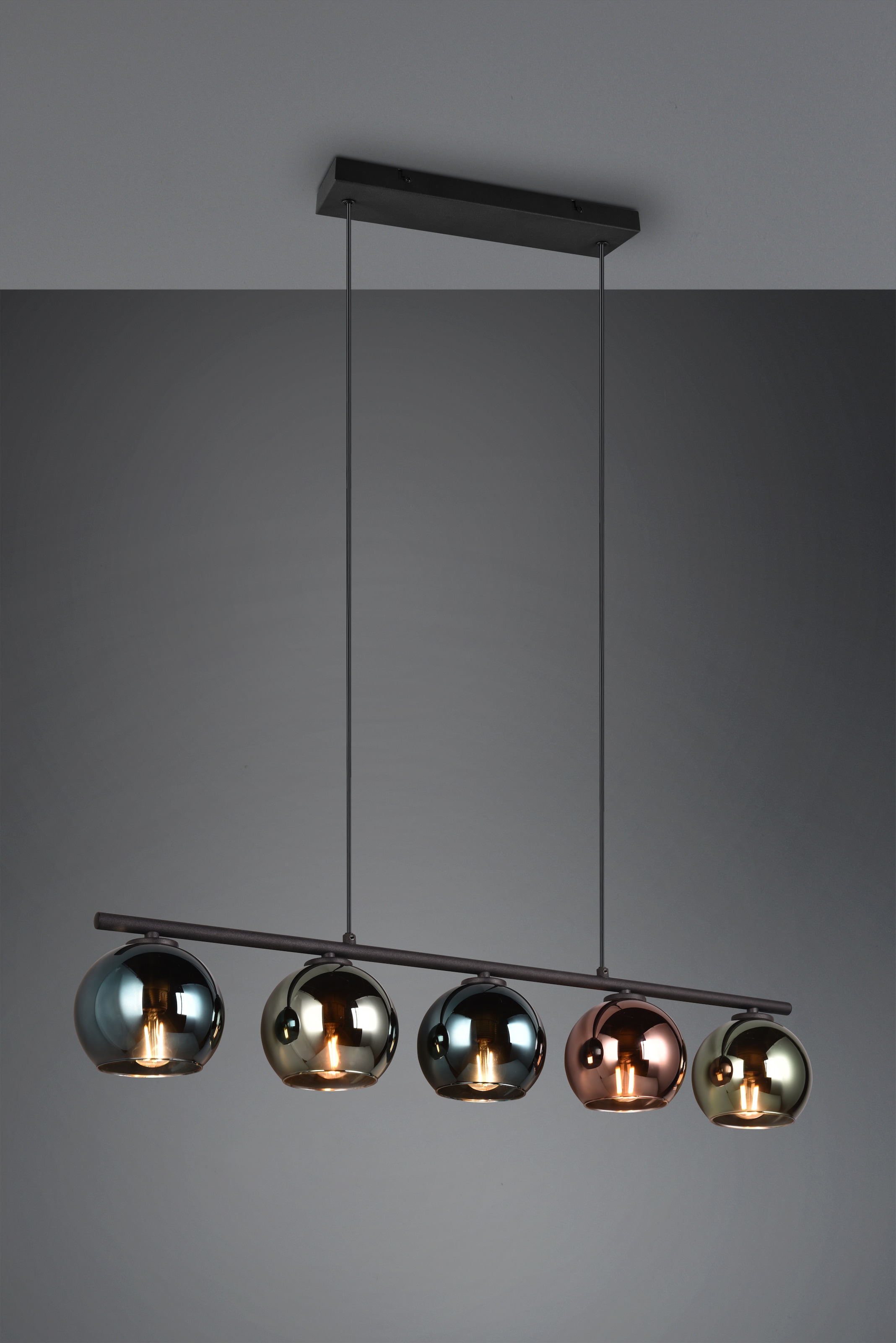 REALITY Leuchten Pendelleuchte »SHELDON, Hängelampe 5-flammig exkl 5x E14 max 10W höhenverstellbar«, 5 flammig, Leuchtmittel E14 | Leuchtmittel wechselbar, Metall Hängeleuchte mit bunten Glasschirmen Lampe Esszimmer Wohnzimmer
