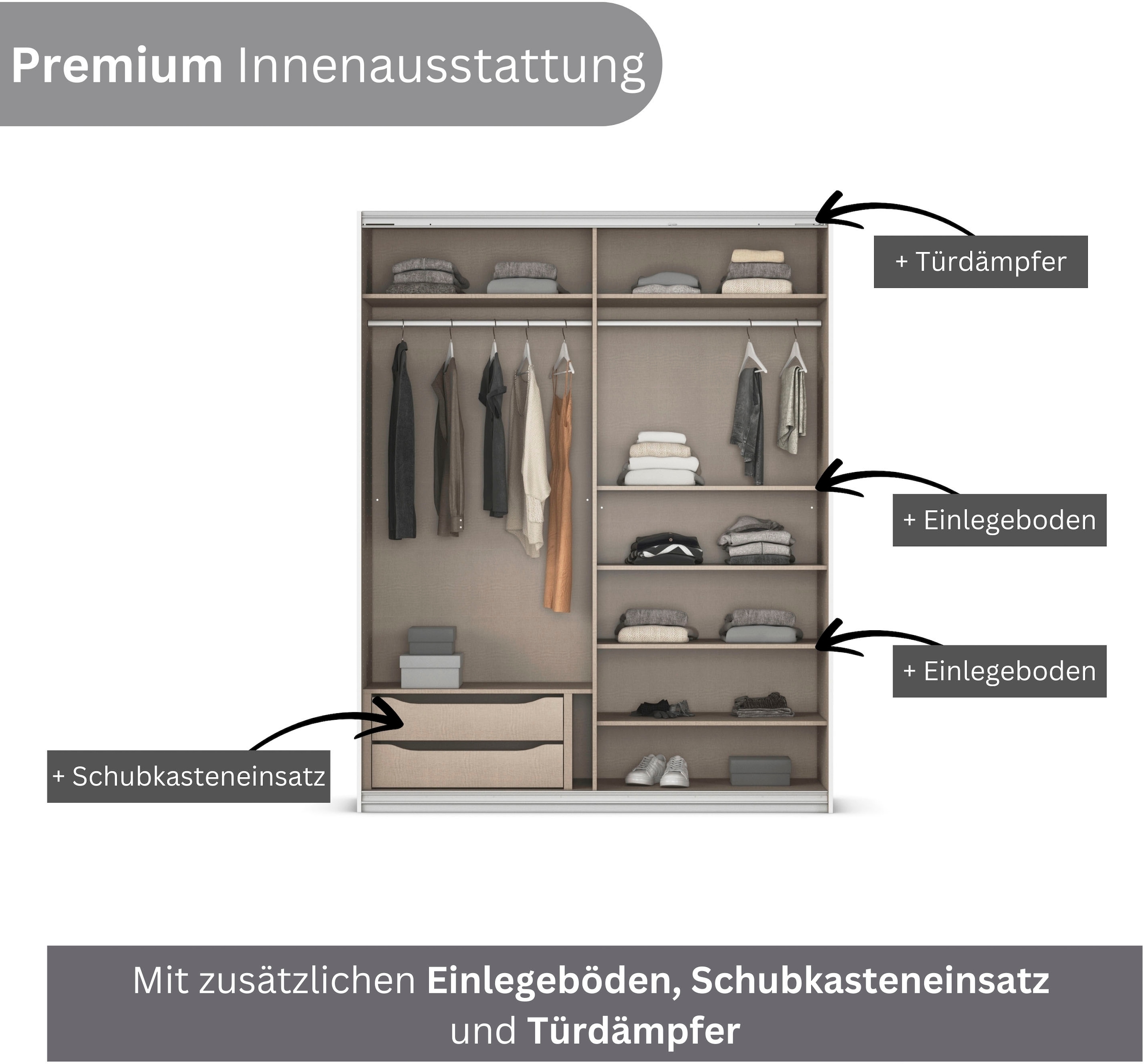 INOSIGN BY RAUCH Schwebetürenschrank »Kleiderschrank Schrank Garderobe Schlafzimmerschrank THANOS«, (in 3 verschiedenen Ausstattungen BASIC/CLASSIC/PREMIUM), Optional mit Spiegel, Metall-Griffleisten alufarben MADE IN GERMANY