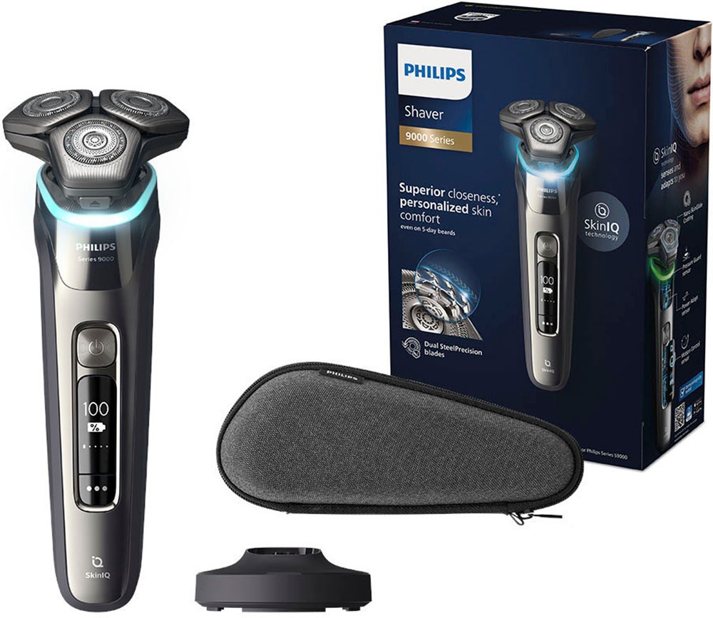 PHILIPS Elektrorasierer »Shaver Series 9000 S9974/35« ausklappbarer Präzisionstrimmer Ladestand und Etui, mit SkinIQ Technologie silberfarben...