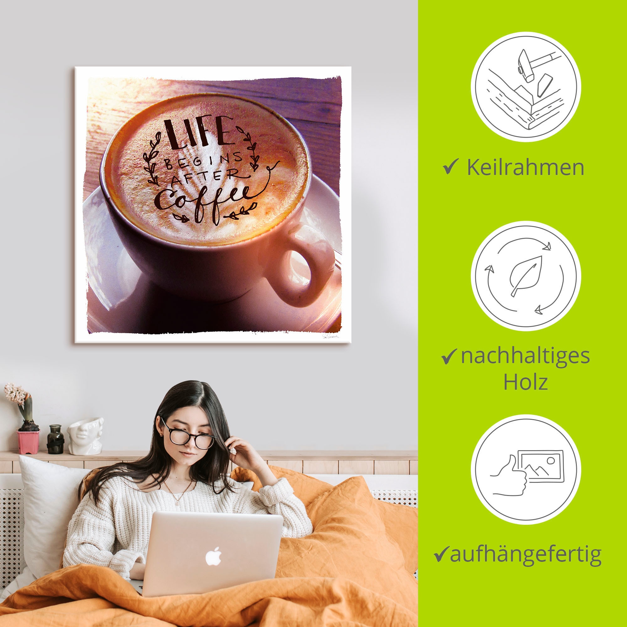 Artland Wandbild »Das Leben beginnt nach dem Kaffee«, Getränke, (1 St.), als Leinwandbild, Poster in verschied. Größen