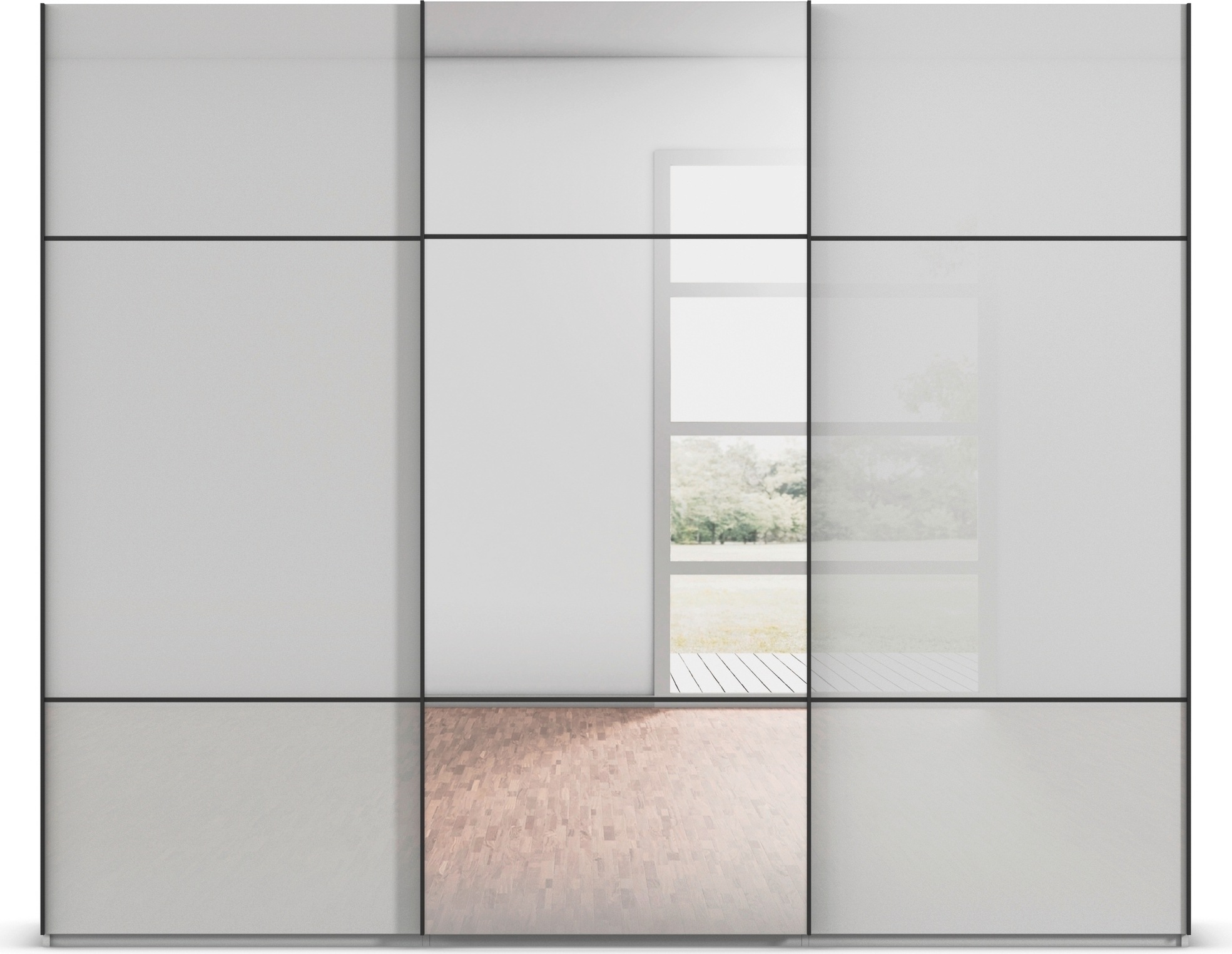 rauch Schwebetürenschrank »Kleiderschrank Schrank Garderobe Schlafzimmerschrank SCALE-TRIO«, edle dreigeteilte Front mit 2 Zierleisten Spiegel/Glas MADE IN GERMANY