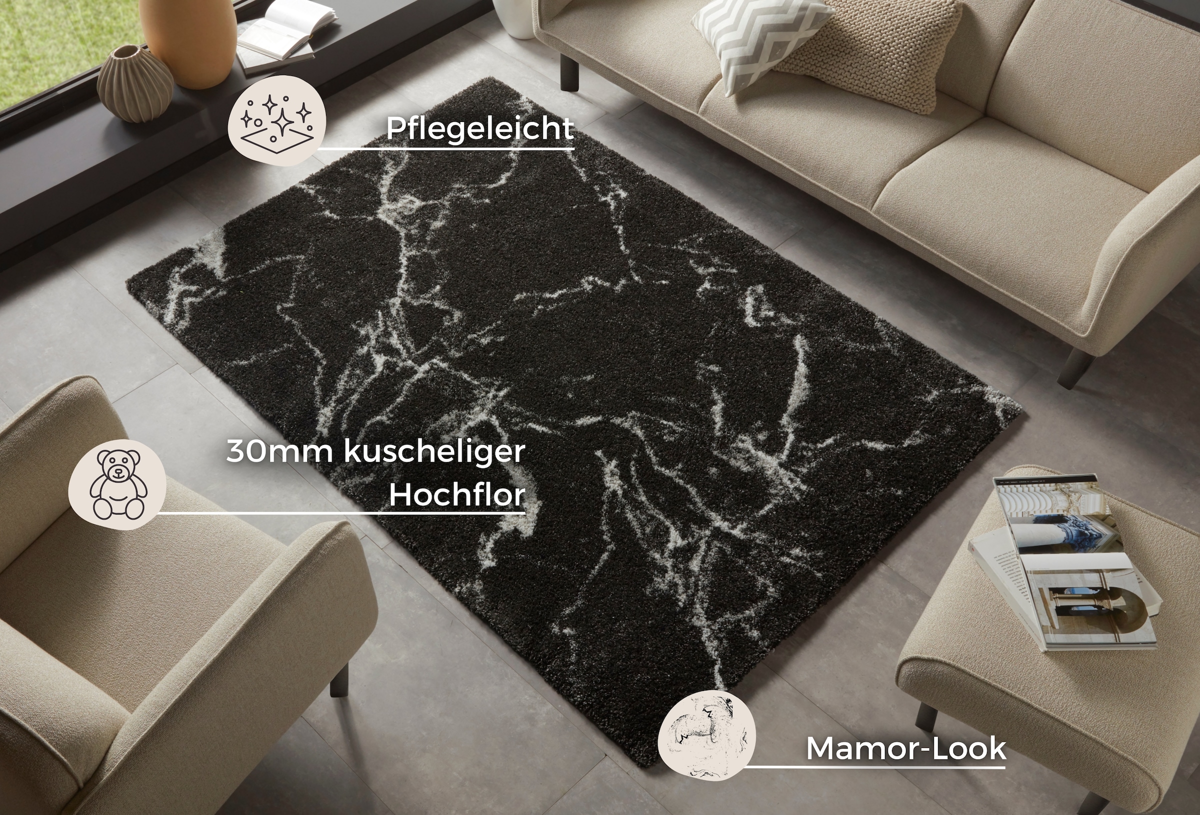 HANSE Home Hochflor-Teppich »MAYRIN«, rechteckig, 30 mm Höhe, Hochflor, Teppich, Shaggy, Flokati, Weich, Marmor-Optik, Wohnzimmer