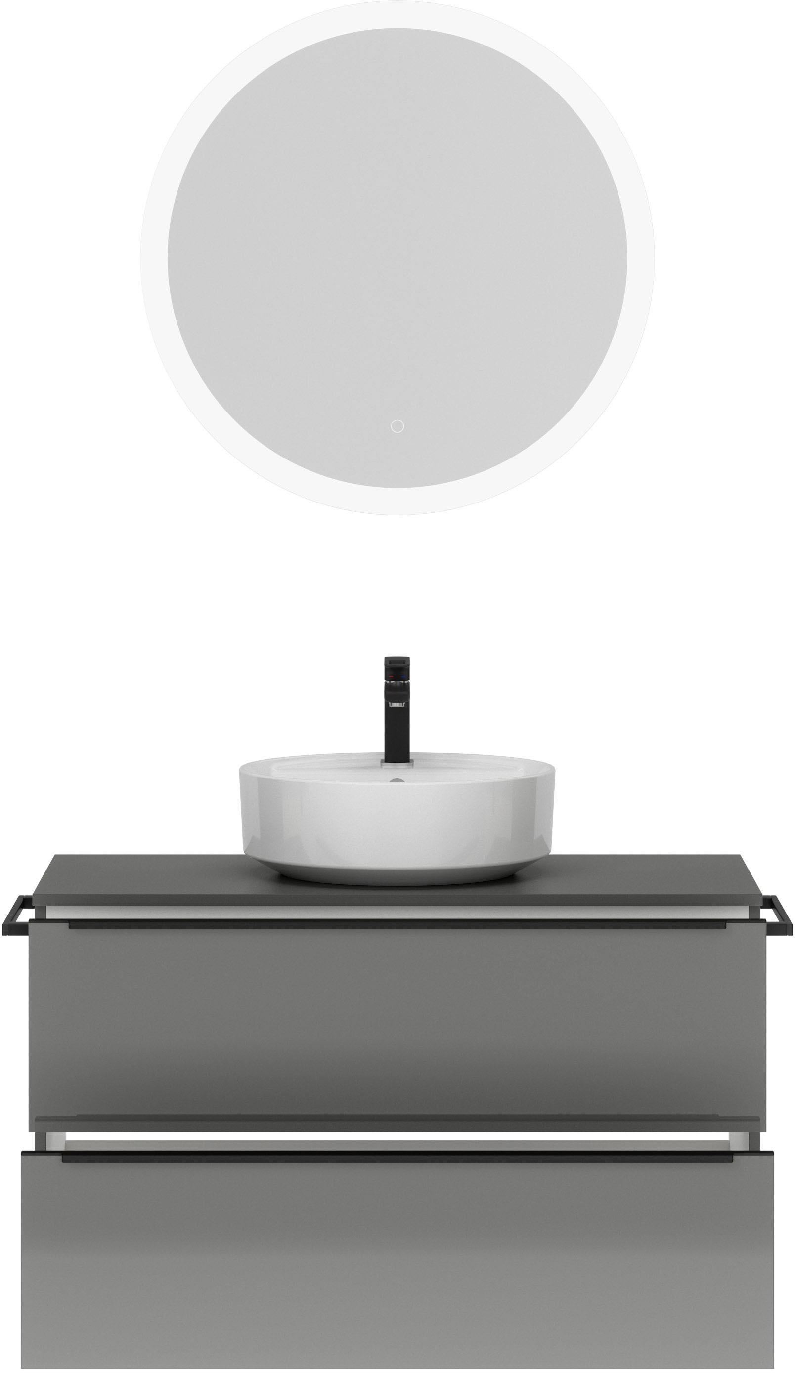 nobilia® Badmöbel-Set »Alvene«, (2 St., vormontiert, mit Soft-Close), Hochglanz, inkl. Spiegel mit Touch-Sensor, in vier Breiten