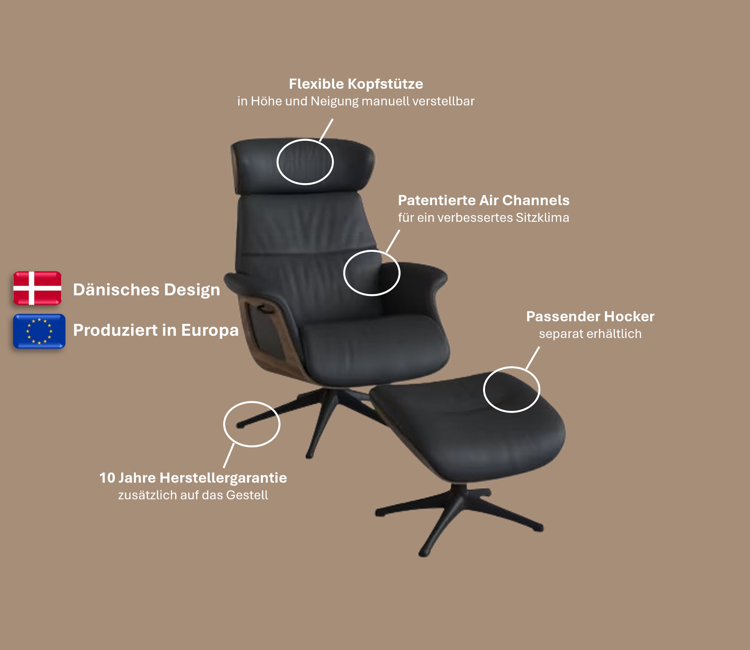FLEXLUX Relaxsessel »Clement elektrischer Funktionsessel«, Größe M, Rücken & Fußteil elektrisch, Akku, Arml. Eiche, Fuß Alu