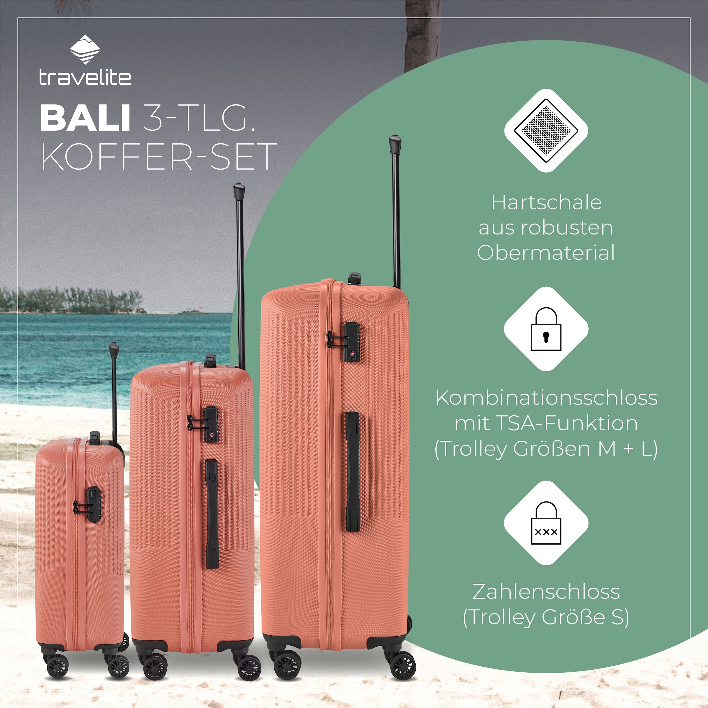 travelite Trolleyset »BALI 4w L/M/S«, (Set, 3 tlg., Hartschalen Trolley Set), Kofferset Reisegepäck Reisekoffer Hartschallenkoffer TSA Schloss