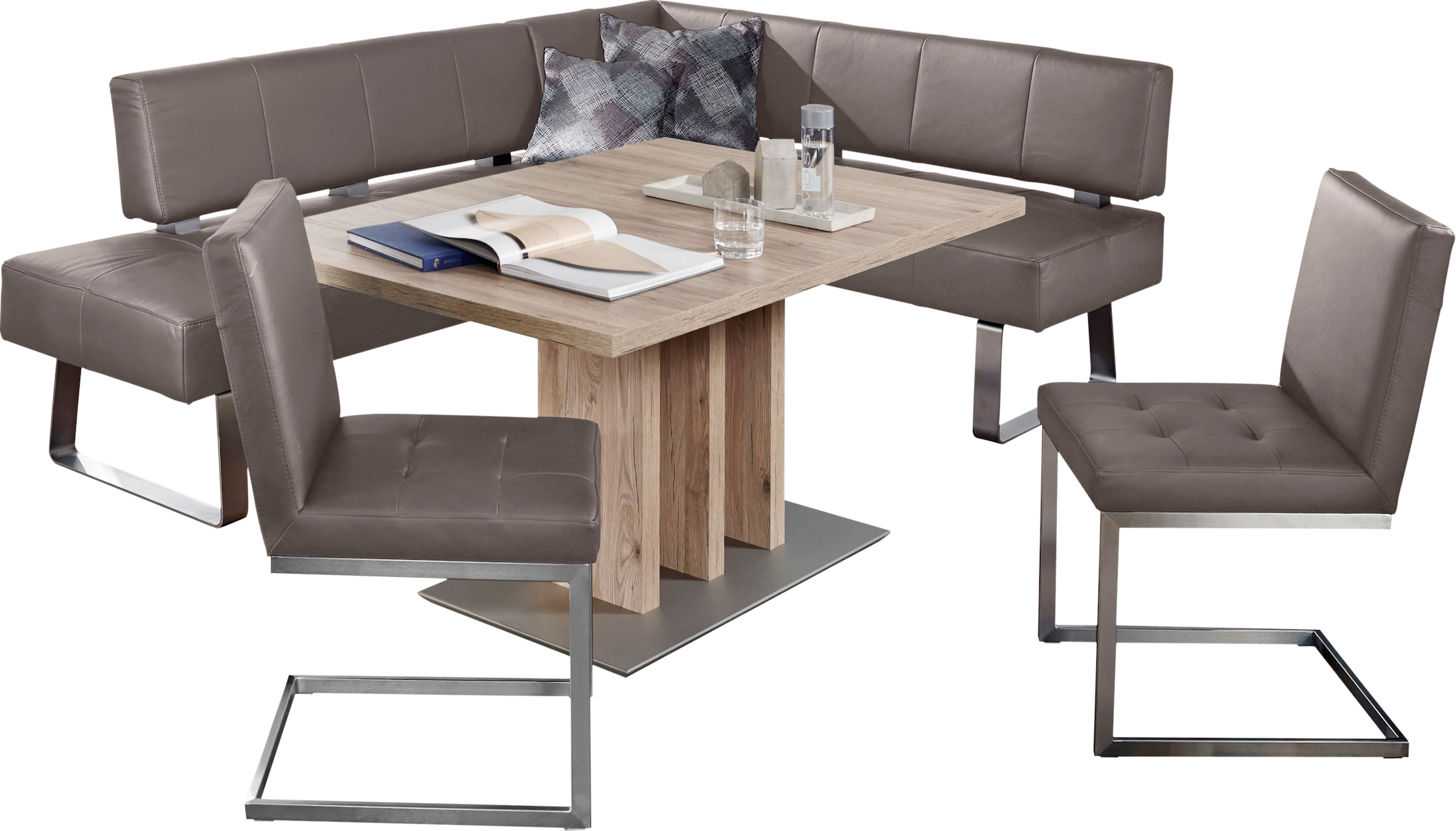 K+W Komfort & Wohnen Eckbankgruppe »Spider II« Set, 4 Stk. tlg. langer Schenkel 195cm, 2 Freischwinger, Auszugstisch in Breite 120 cm braun