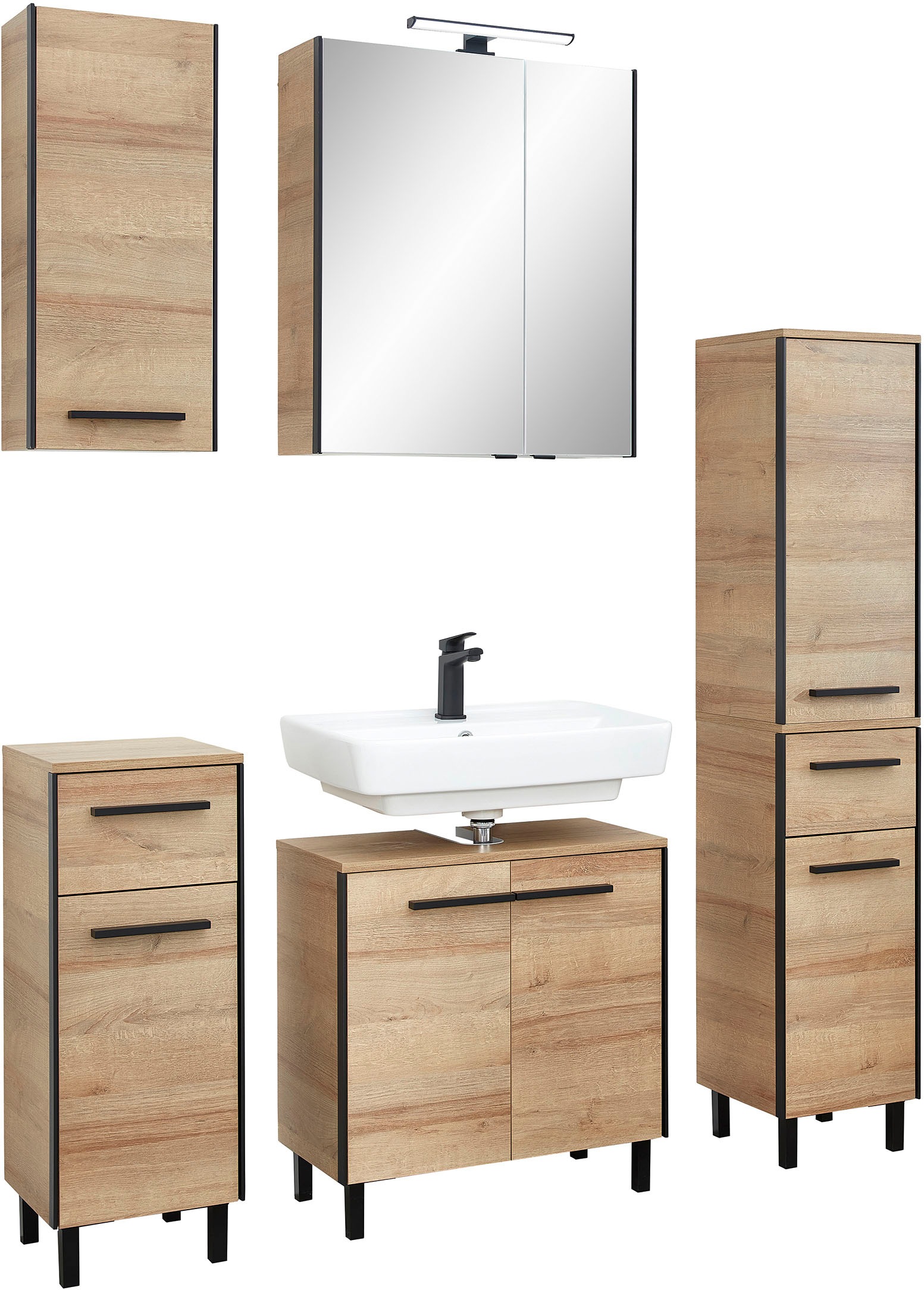 Saphir Badmöbel-Set »Quickset 395 5-teilig, Waschbeckenunterschrank mit LED-Spiegelschrank«, (5 St.), Unterschrank, Hängeschrank, Midischrank, inkl. Türdämpfer, 7 Türen