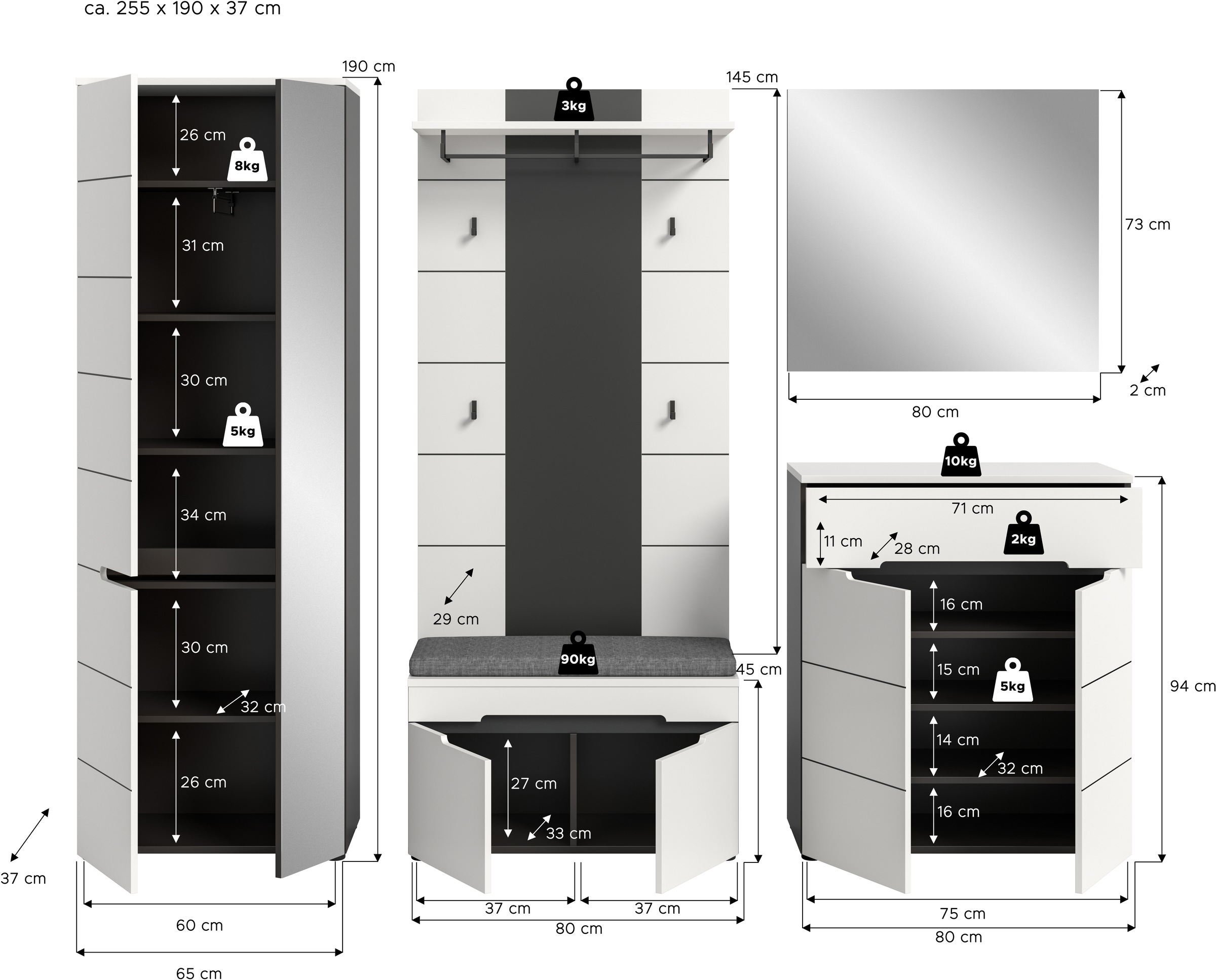 INOSIGN Garderoben-Set, (Set, 6 St., bestehend aus: Schrank, Sitzbank, Sitzkissen, Paneel, Spiegel, Kommode), Garderobenkombination, Kombination, Set, Flurgarderobe, Diele
