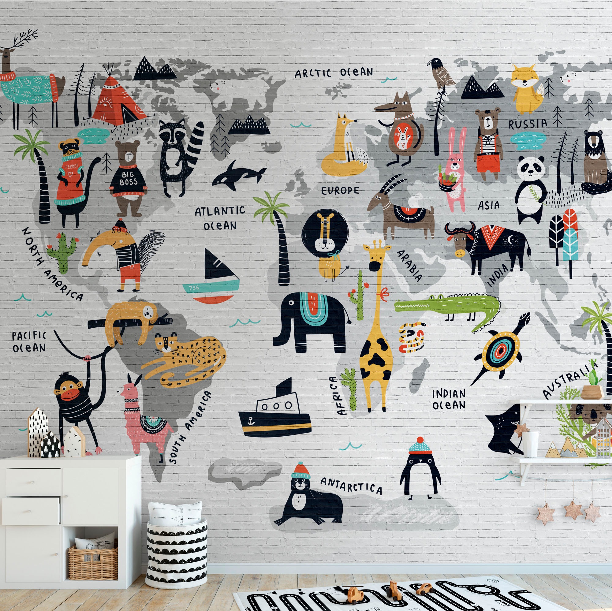 living walls Kindertapete »The Wall«, animal print-mehrfarbig-Motiv, Fototapete Tiere Tapete Weltkarte Grau Weiß Gelb