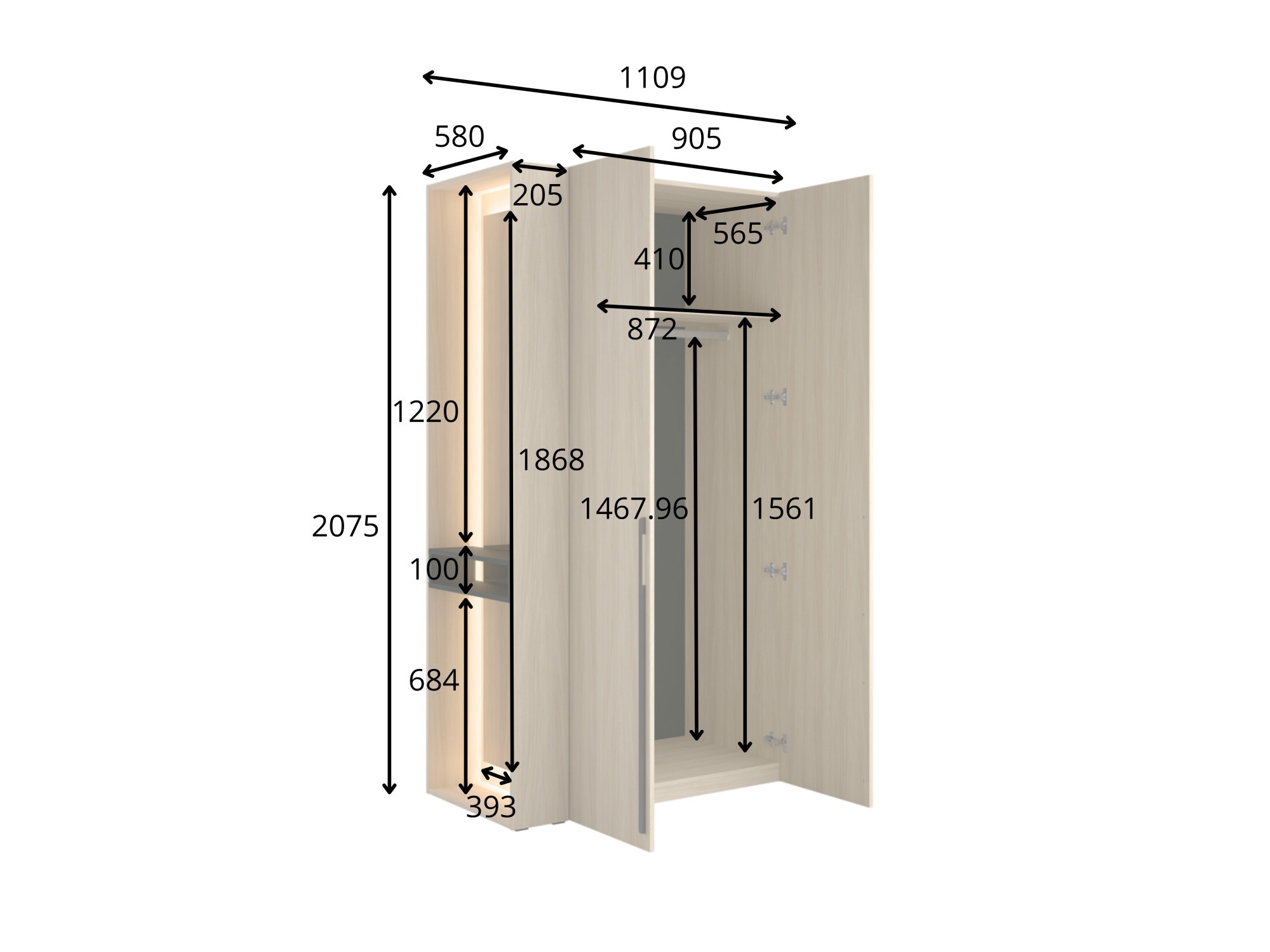 Home affaire Kleiderschrank »TRENTO Garderobe, Wäscheschrank mit 2 Türen«, mit Kleiderstange und Einlegeboden, Maße B/H/T: 90,5/208/58 cm