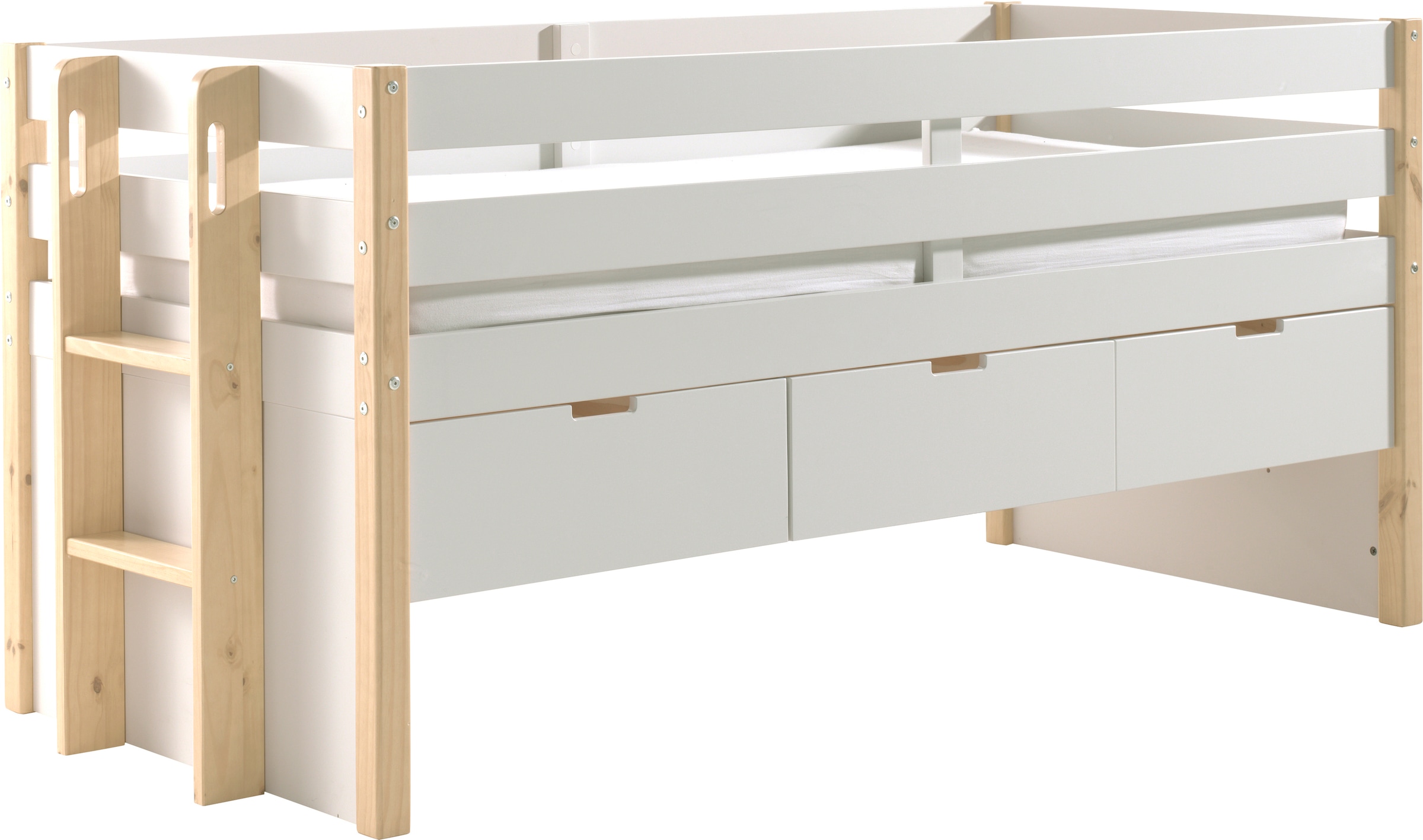 Vipack Hochbett »Magrit, mit 3 geräumingen Schubladen, viel Stauraum, moderne Optik«, (B/H/T ca. 219,4x100x97,8cm, MDF weiß lackiert, Kiefer natur), wahlweise mit oder ohne Bettschublade als zusätzlichen Stauraum