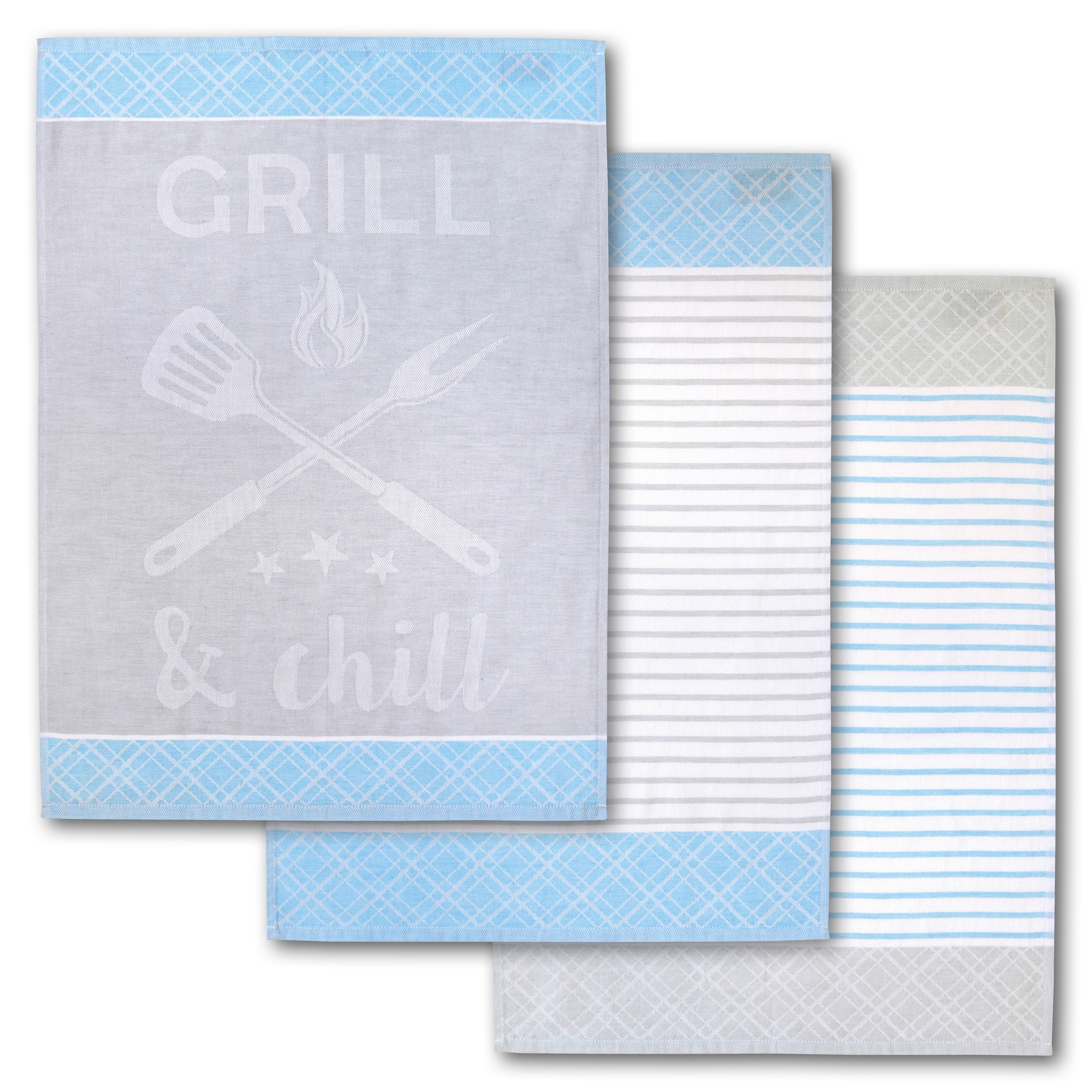 Dyckhoff Geschirrtuch »Grill & Chill, mit 3 verschiedenen Motiven, Maße je Tuch ca. 50x70 cm«, (Set, 6 tlg.), aus 100% Baumwolle, mit Grillbesteck-Motiv und Schriftzug