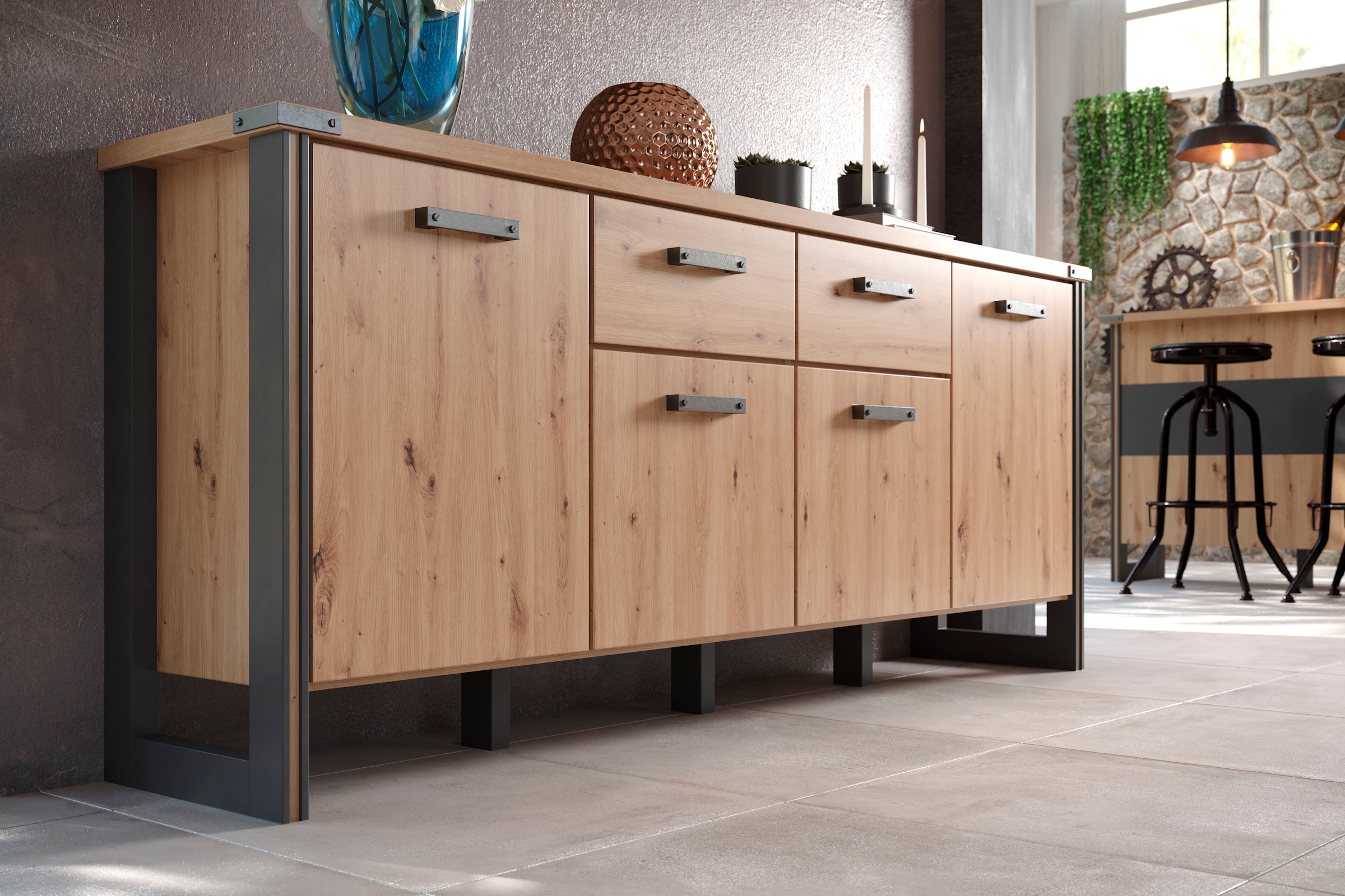 Home affaire Sideboard »Mia« 1 Stk. tlg. Echtholzoptik, Eiche, 207 cm breiter Schrank