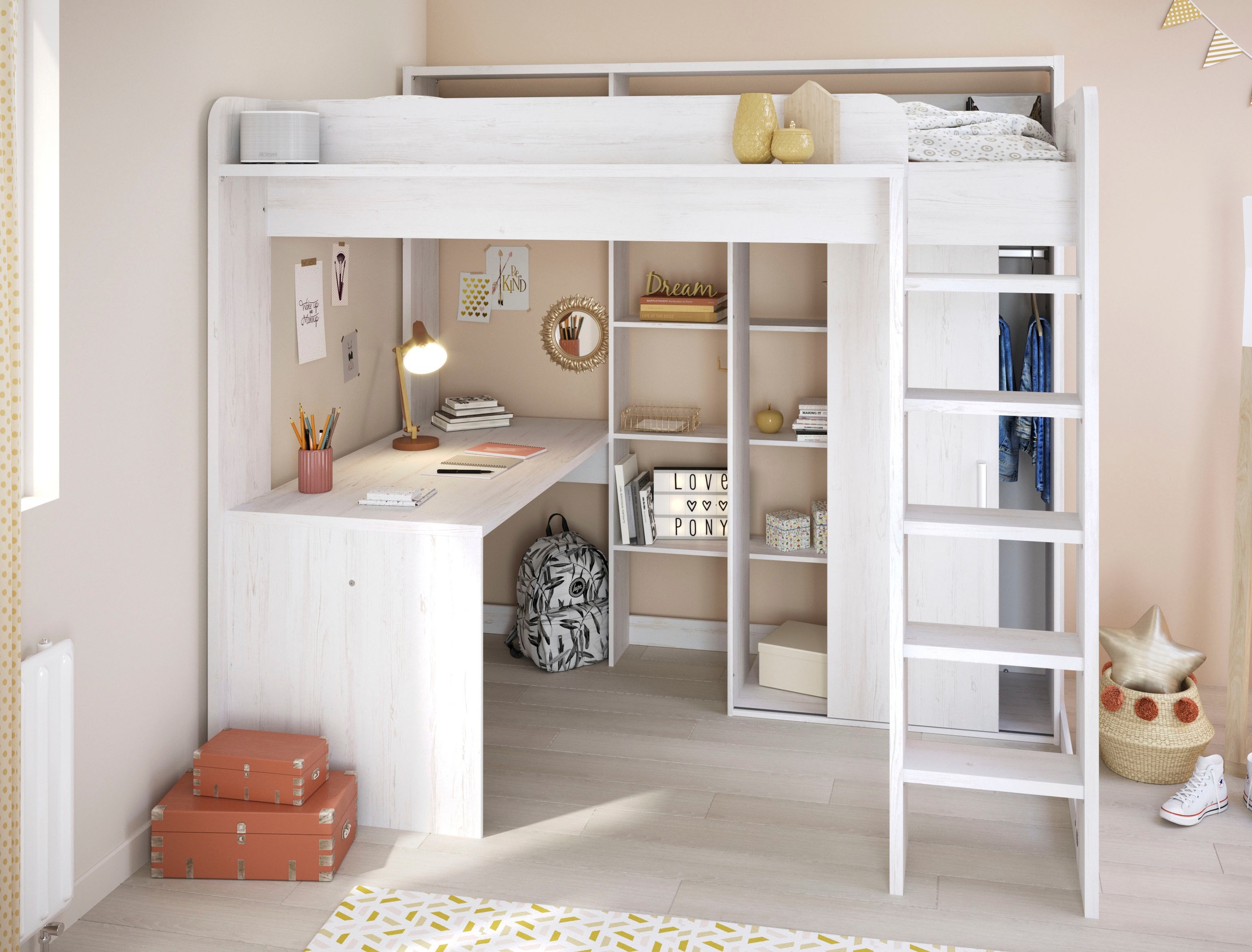 Parisot Hochbett »Higher, mit Schreibtisch, Schiebetürenschrank, Regale obe günstig online kaufen