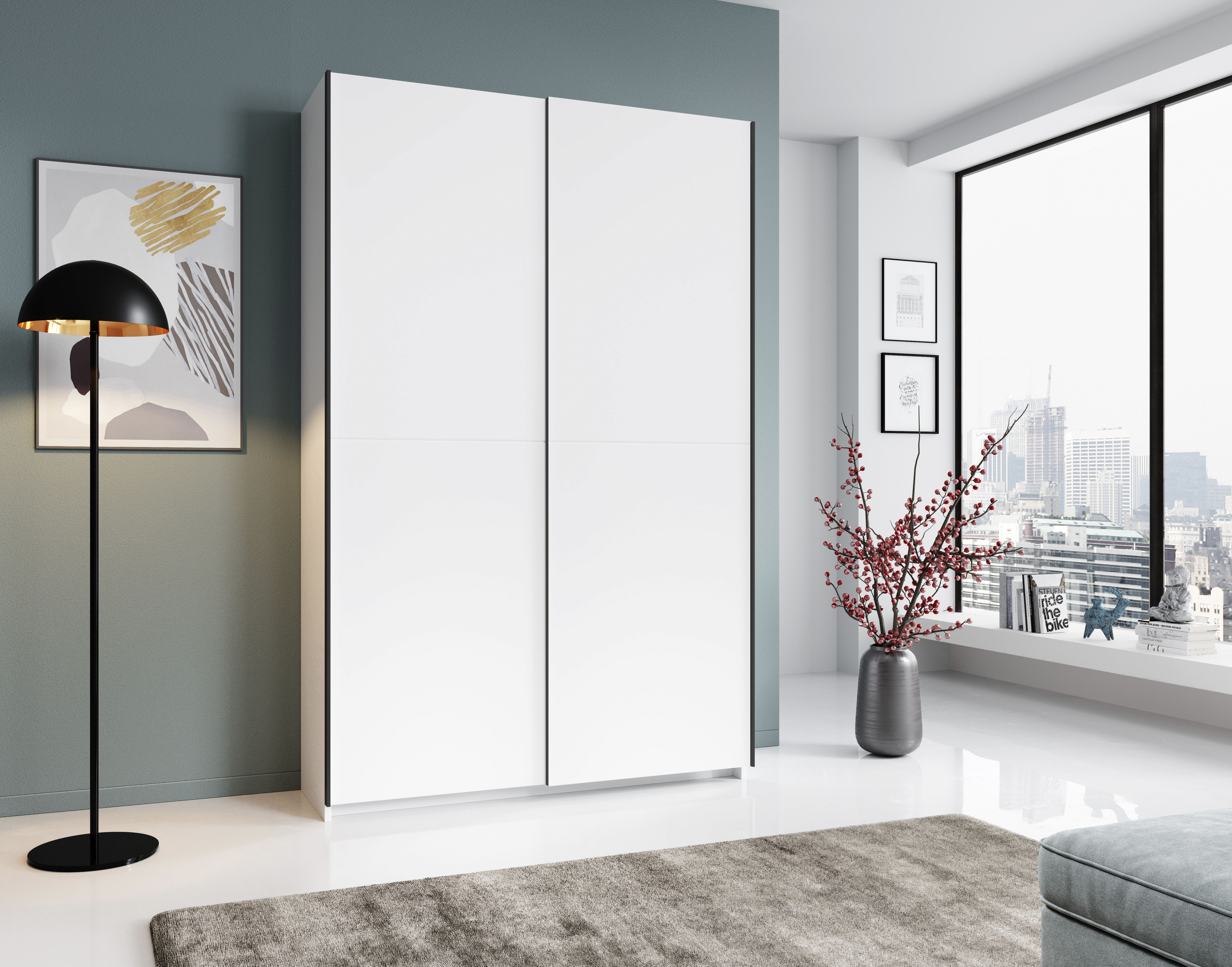 Schlafkontor Schwebetürenschrank »Heimo/Fast Schrank Kleiderschrank Garderobe«, geringe Tiefe, ausziehbarer Kleiderstange, Garderobenschrank, 6 Böden