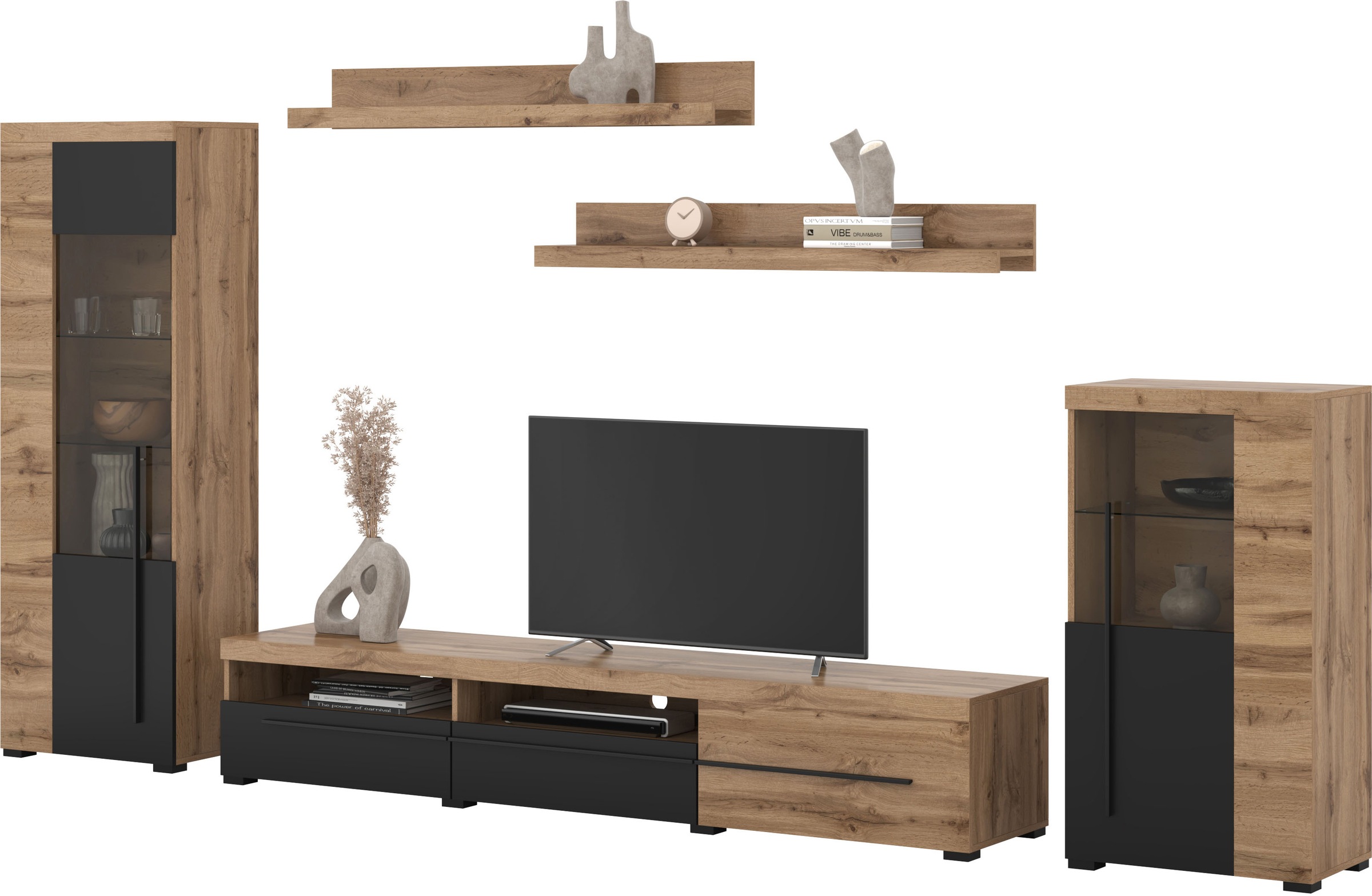 INOSIGN Wohnwand »Roger,Breite 270 cm moderne Mediawand ohne Beleuchtung«, (Set, 5 St.), Anbuwand (Set,5-St) viel Stauraum, Vitrinen mit Glastür