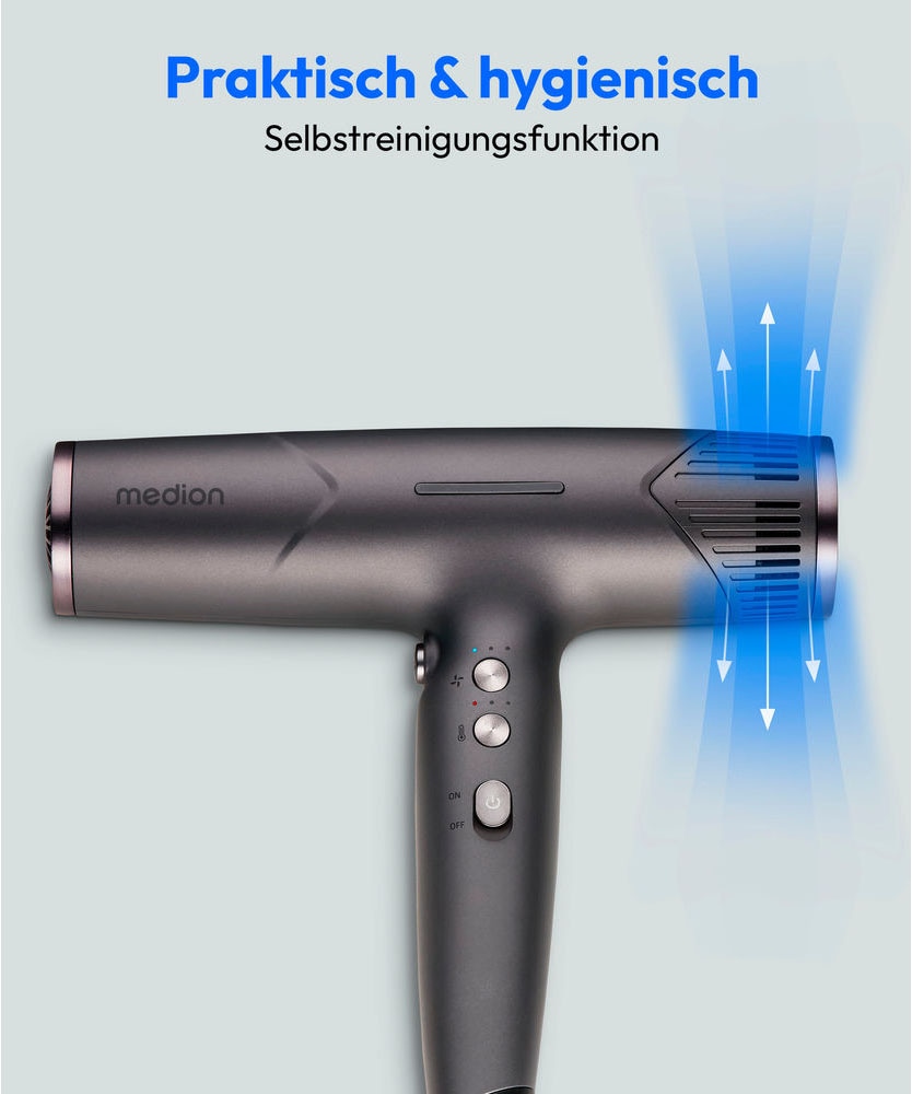 Medion® Ionic-Haartrockner »HD2 (MD19984)«, 1500 W, 3 Aufsätze, Selbstreinigungsfunktion, je 3 Temperatur- und Luftstromstufen