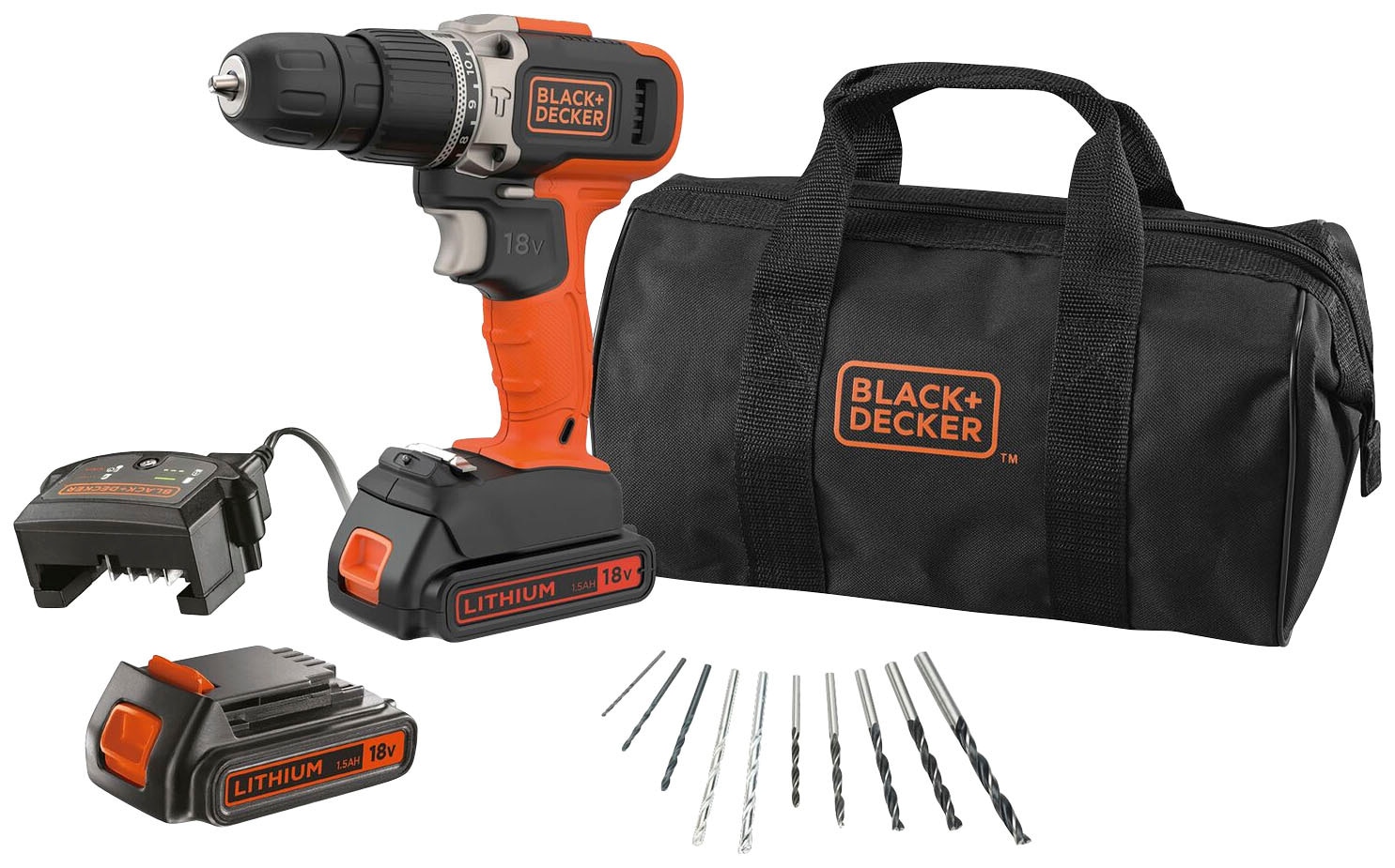 Black + Decker Akku-Schlagbohrschrauber »BCD003BA10S«, (Set, 14 tlg.), inkl. 2 Akkus, Ladegerät, 10-tlg. Zubehör, Werkzeugtasche