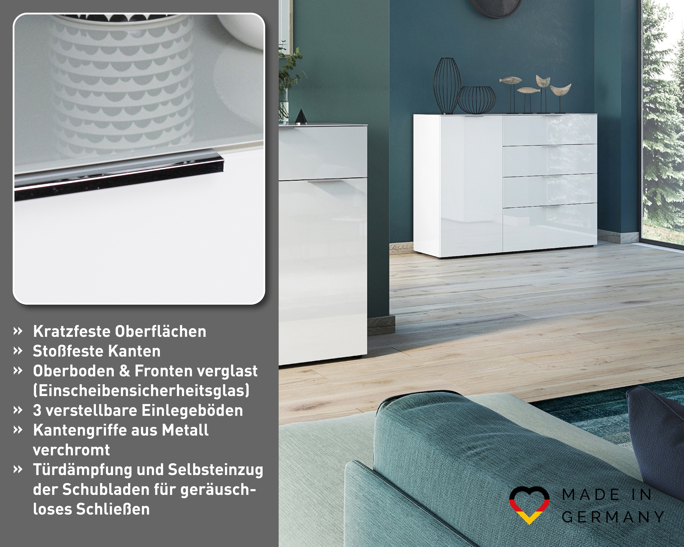 GERMANIA Sideboard »Oakland mit Glasauflage« Breite: 134 oder 184 cm, Soft-close, verstellb. Böden, Made in Germany
