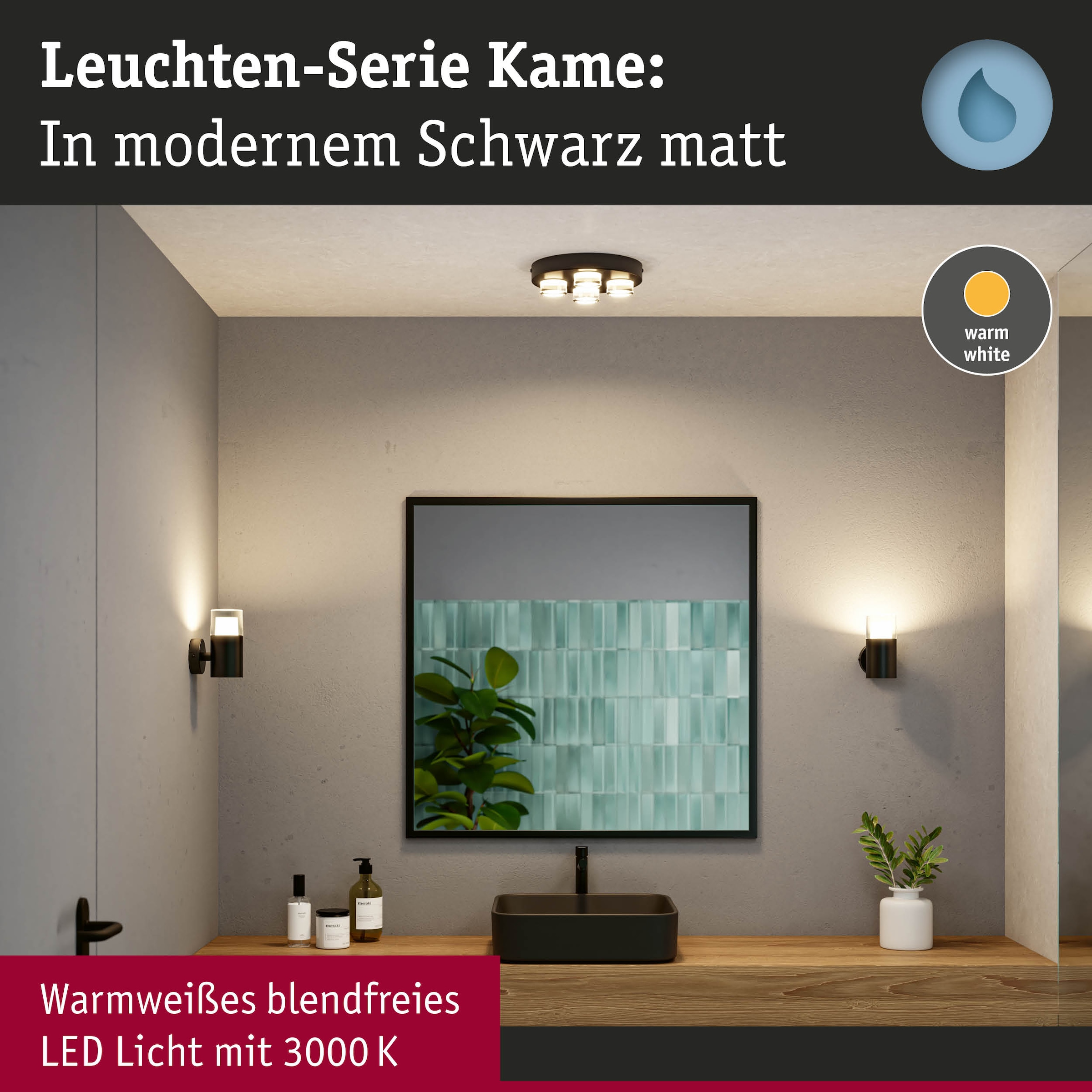 Paulmann LED Deckenleuchte »Selection Bathroom Wand-/Deckenleuchte Kame IP44 Signalschwarz 4er«, 4 flammig