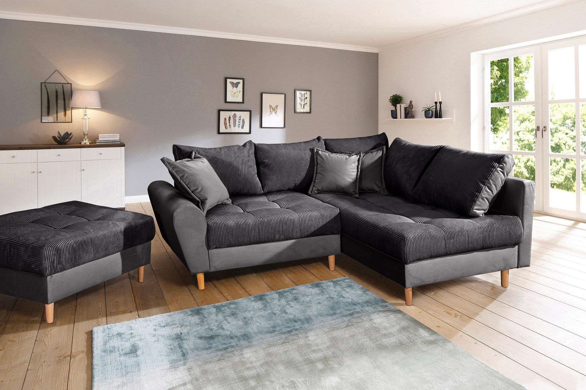 Home affaire Ecksofa »Rice L-Form inkl. Hocker«, (Set, mit Hocker), mit Bonnellfederkern, Hocker & Kissen, Ottomane beidseitig montierbar