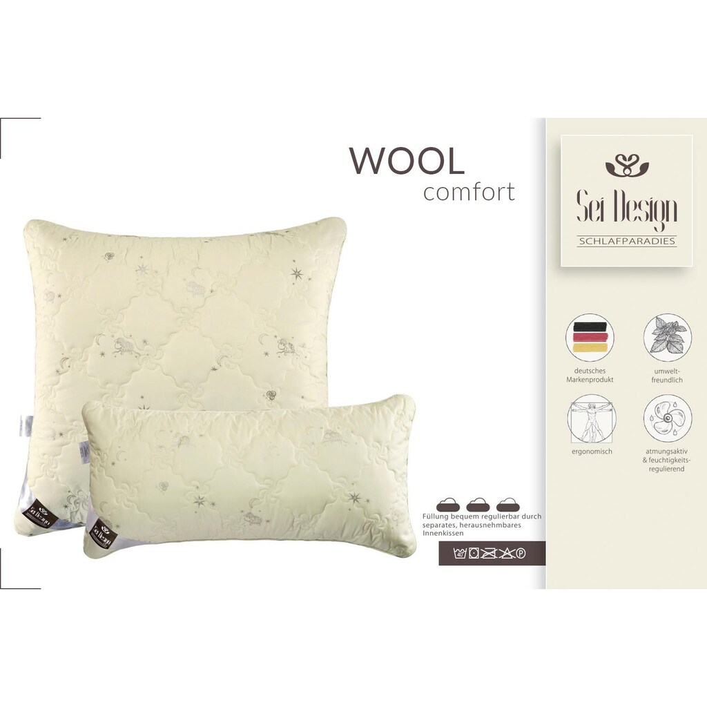 SEI Design Naturfaserkopfkissen »WOOL Comfort«, Füllung: Wollflocken aus 50% echter naturbelassener Schurwolle und 50% Polyester, Bezug: 100% Polyester, (1 St.), mit Reißverschluss