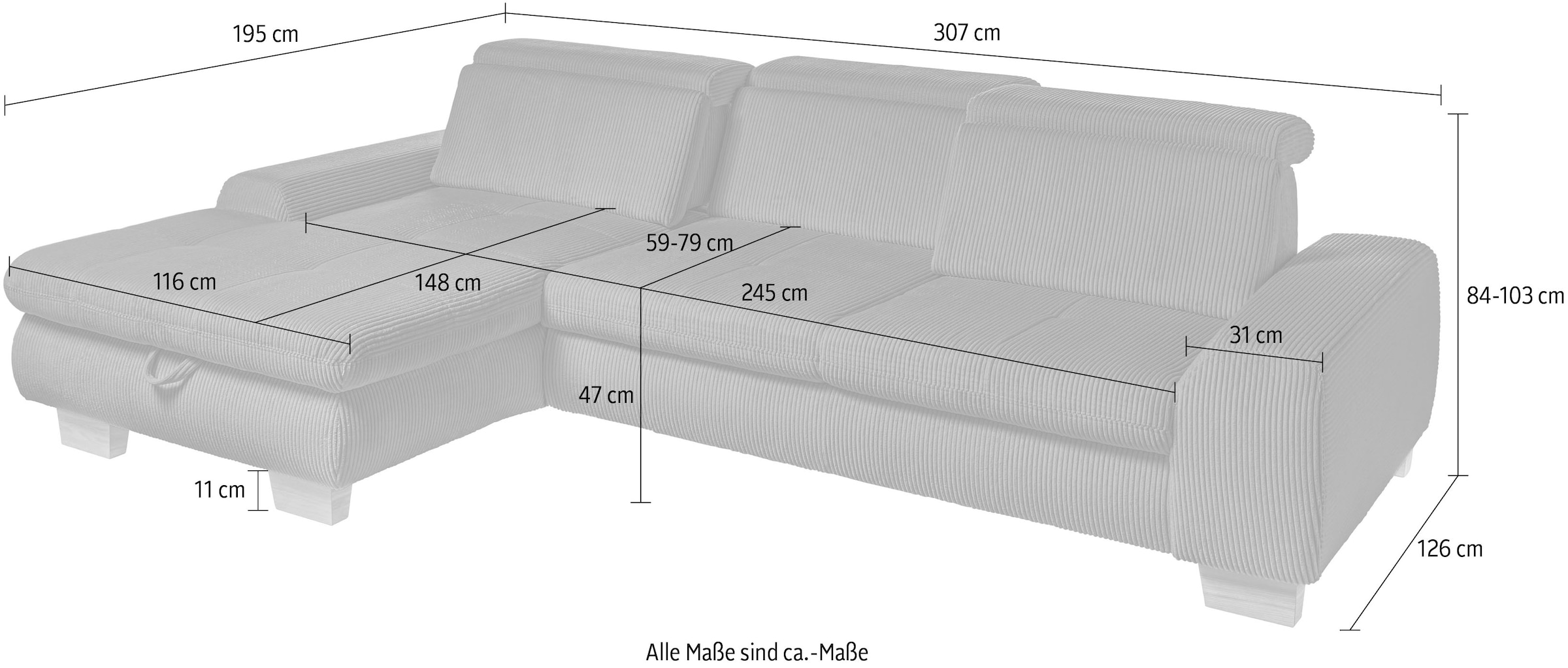 set one by Musterring Ecksofa »SO 3400 Sitzhöhe 47cm oder 49cm, Sitztiefe verstellbar, B/T: 307/195cm«, whlw. mit Funktion, Kaltschaum, in Cord, anthrazit, Sitzhöhe 47