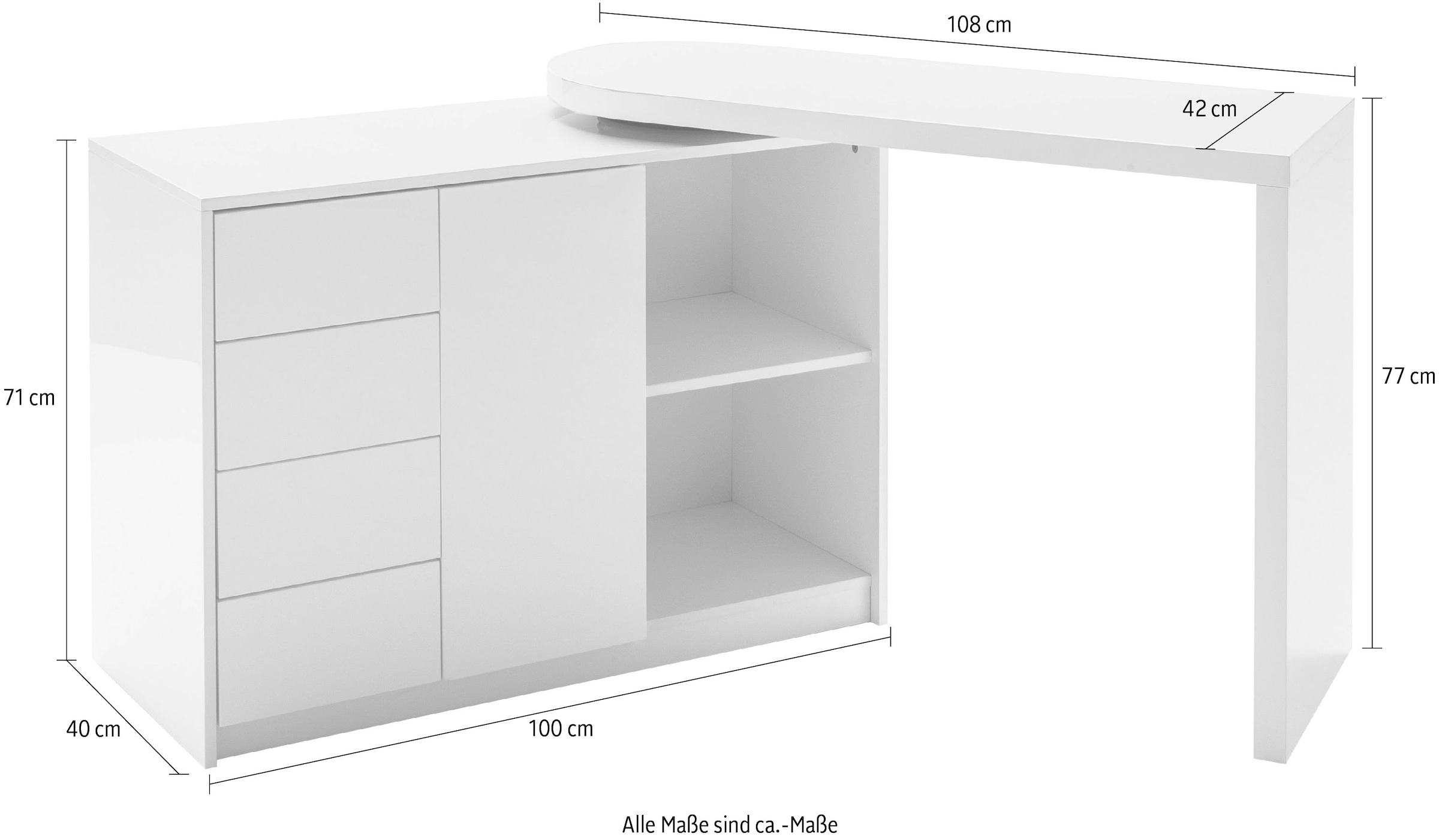 MCA furniture Schreibtisch »Matt«, Weiß Hochglanz mit Regalschrank, Tischplatte Schwenkbar