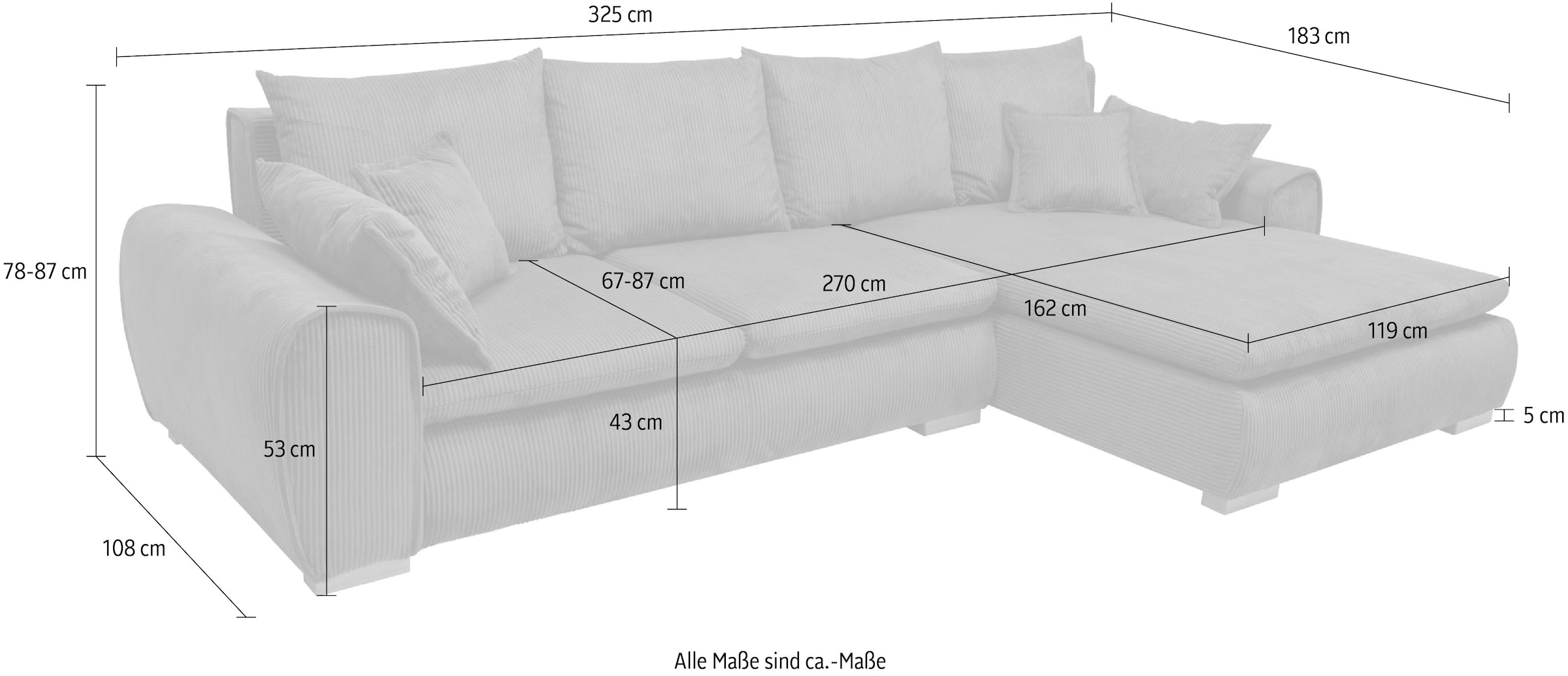 Home affaire Ecksofa »Katja L-Form, B: 325 cm - OTTO. Verlässliche Qualität.« Schlaffunktion, Bettkasten & 4 Zierkissen