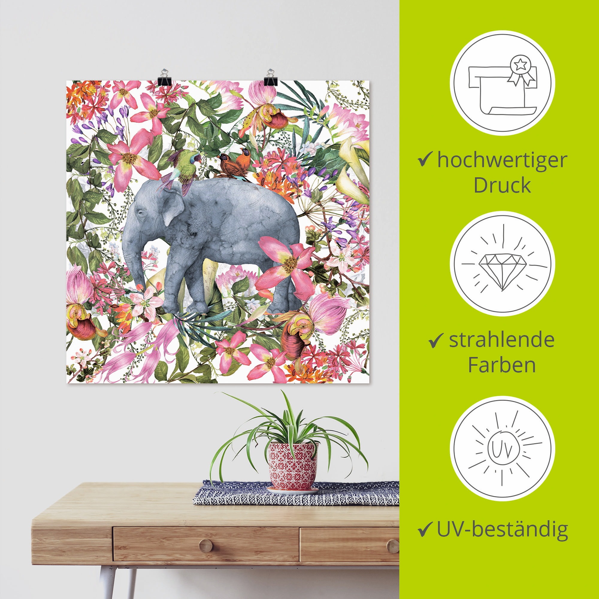 Artland Wandbild »Elefant im Blüten Dschungel«, Wildtiere, (1 St.), als Leinwandbild, Poster in verschied. Größen