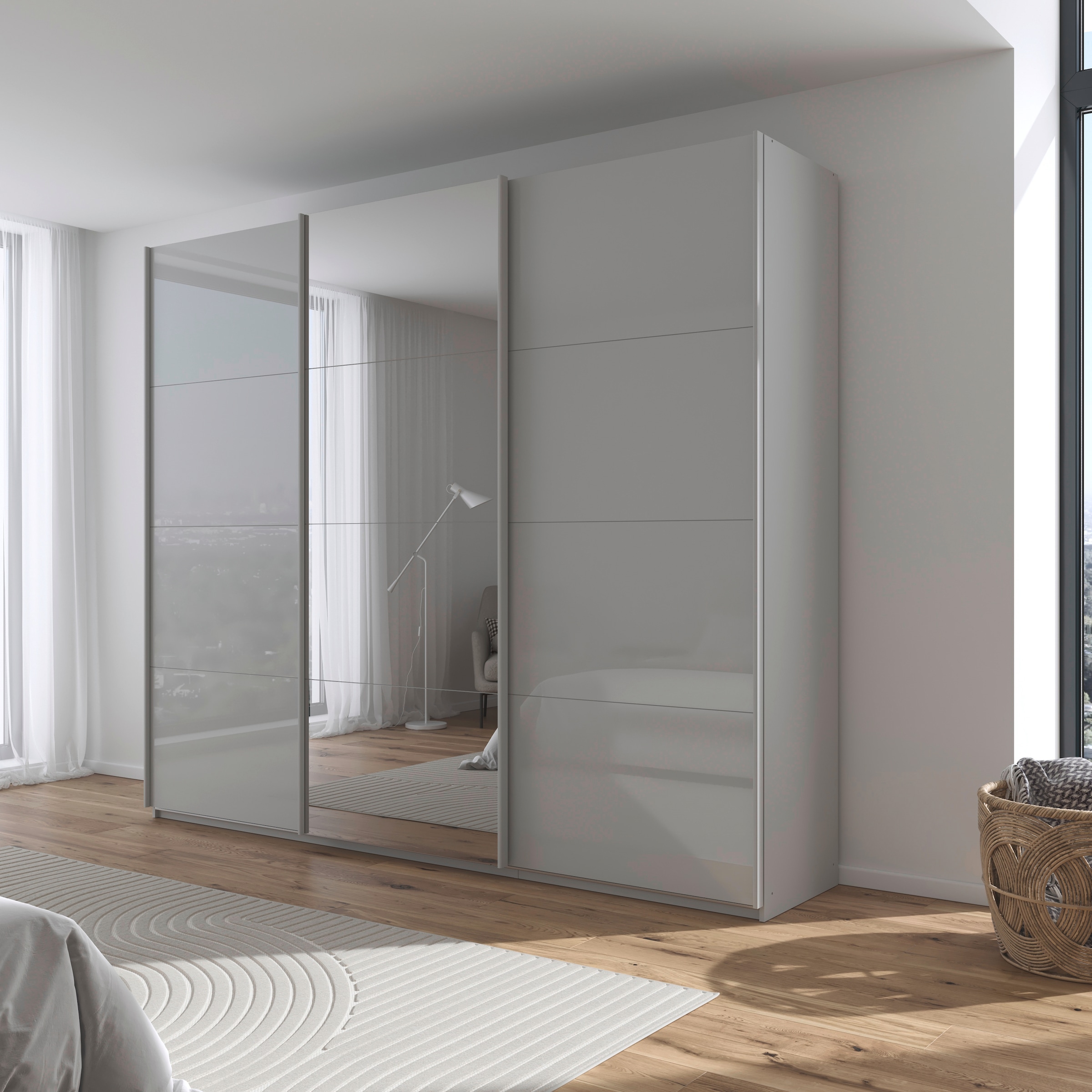 rauch Schwebetürenschrank »Kleiderschrank Kleiderschränke Schrank Garderobe AGORDO mit Glasfront«, durchdachte Innenausstattung, in 4 Breiten und 2 Höhen MADE IN GERMANY