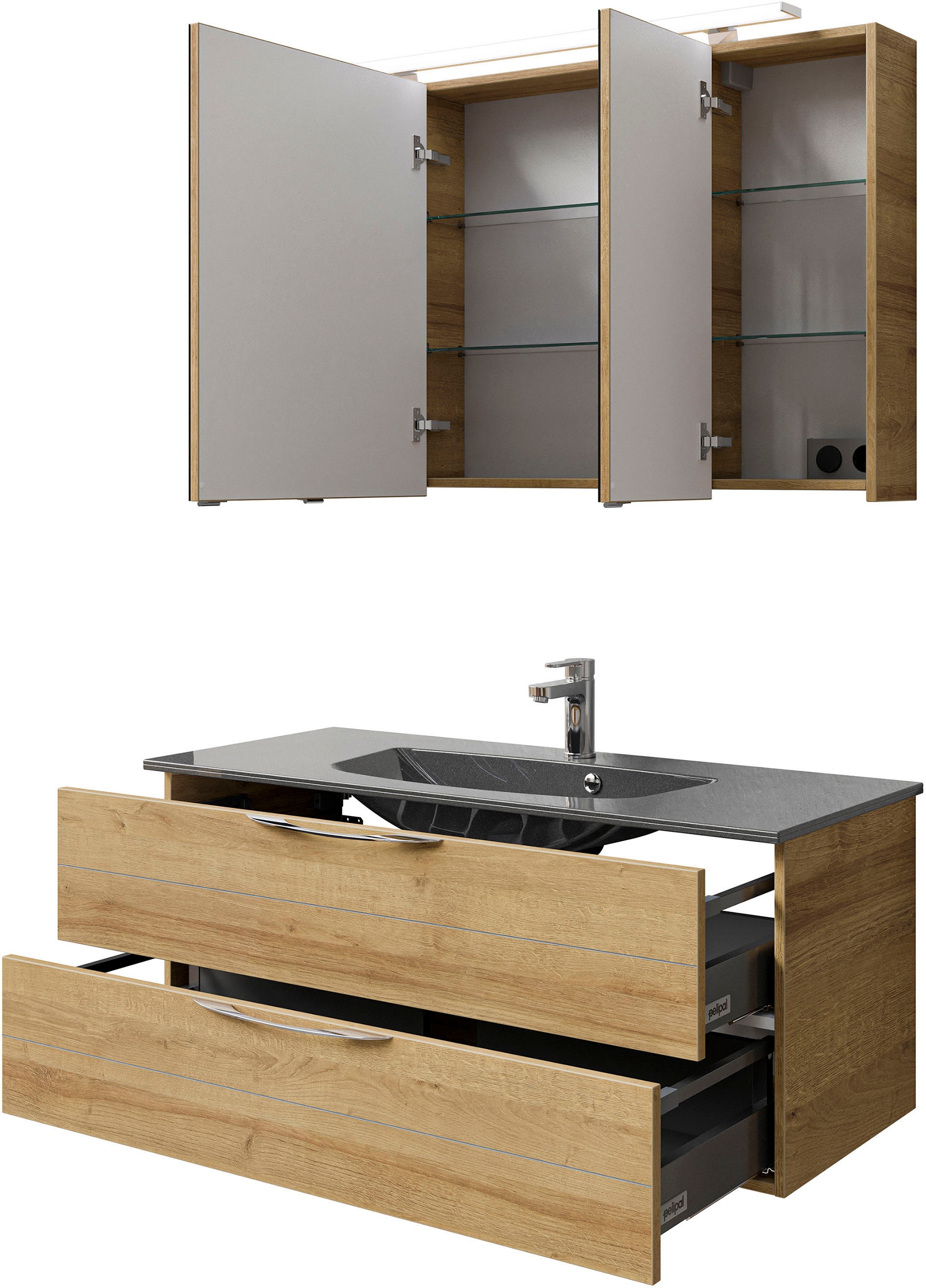 Saphir Badmöbel-Set »Serie 6025 2-teilig Mineralmarmor-Waschtisch mit LED-Spiegelschrank«, (2 St.), Waschplatz 117cm breit, 2 Schubladen, 3 Spiegel-Türen, inkl Türdämpfer