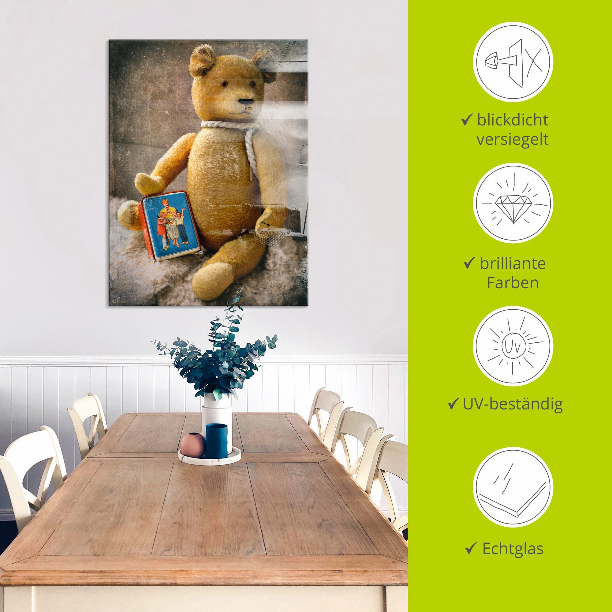 Artland Glasbild »Teddybär mit Sparbüchse«, Spielzeuge, (1 St.), in verschiedenen Größen