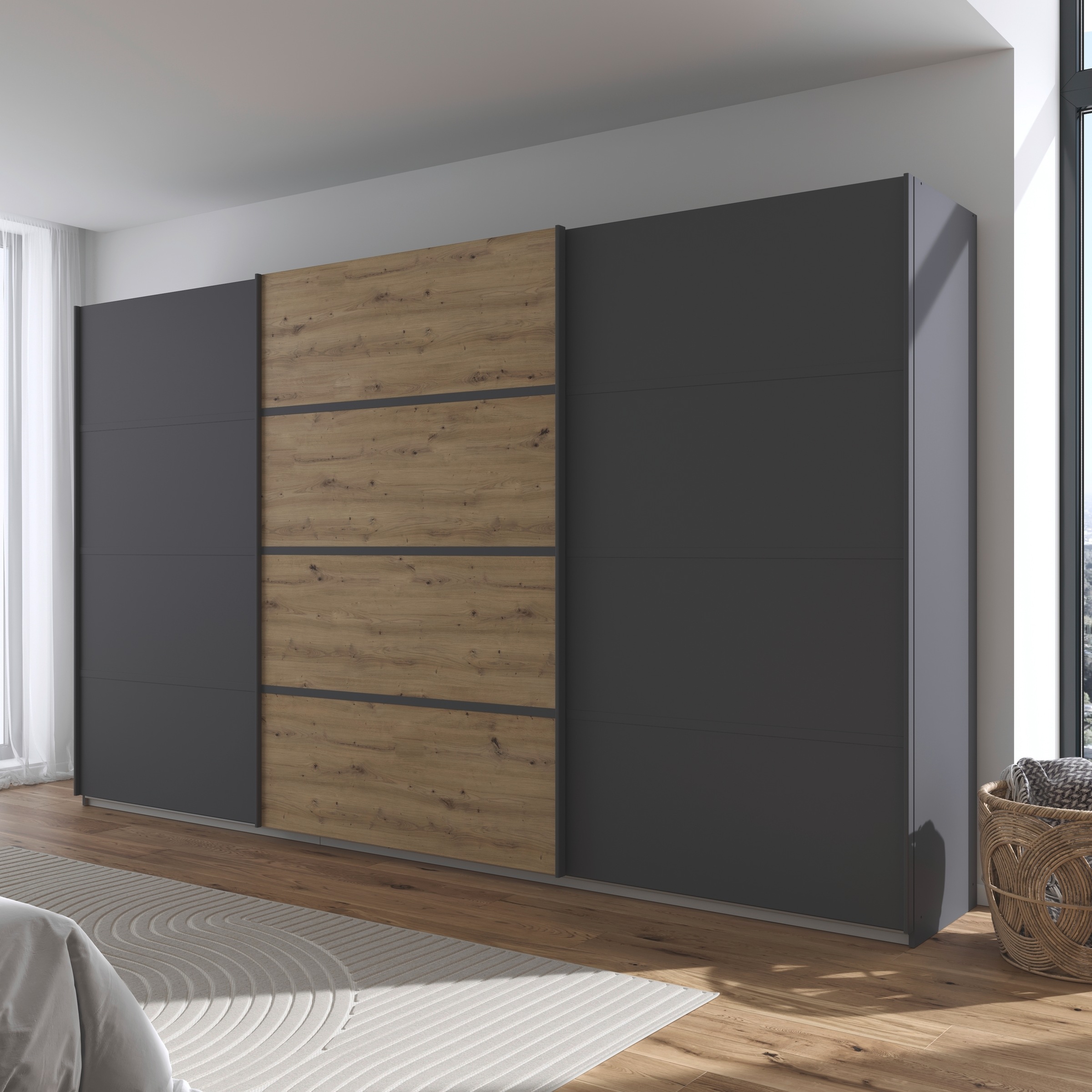 rauch Kleiderschrank »Schwebetürenschrank OTTO´s Choice Garderobe Schrank TOP ANGEBOT Avola«, (in 3 verschiedenen Ausstattungen BASIC/CLASSIC/PREMIUM), mit eleganten Zierleisten in Chrom, Schwarz oder Weiß MADE IN GERMANY