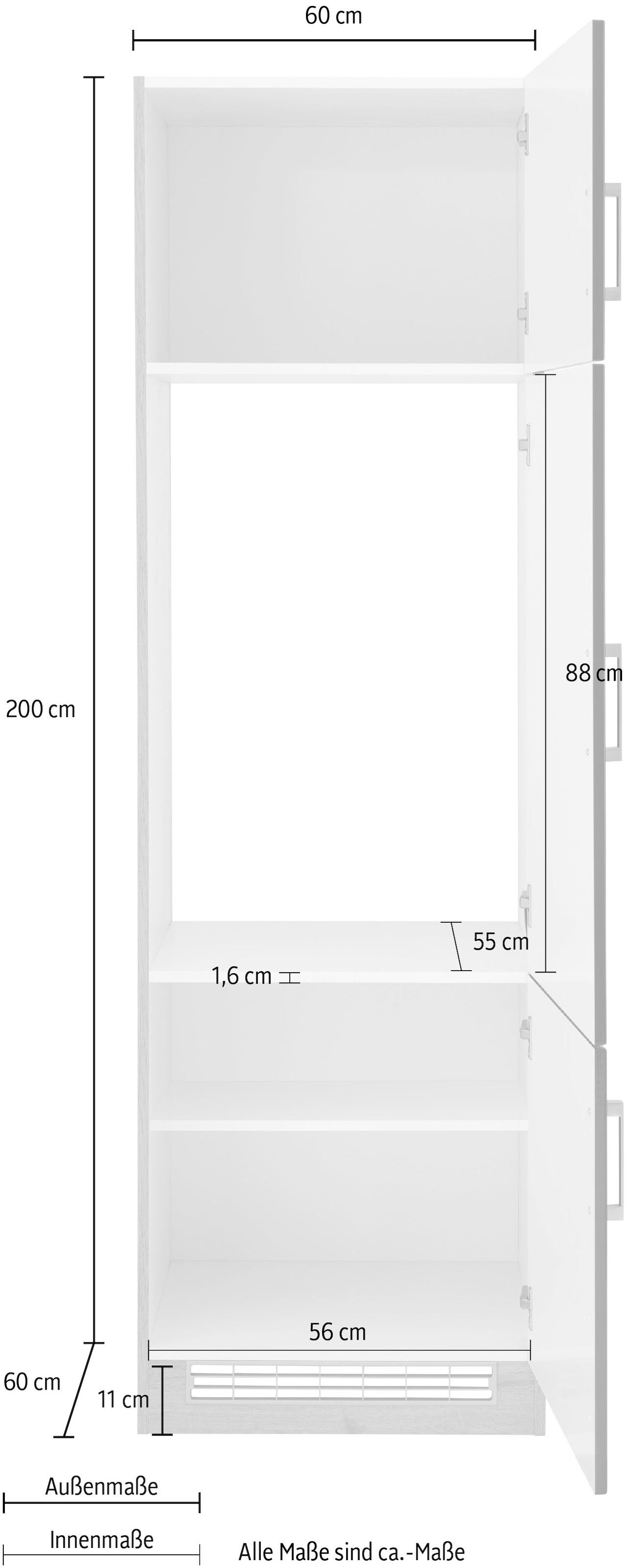 KOCHSTATION Kühlumbauschrank »KS-Tinnum«, 60 cm breit, 200 cm hoch, Metallgriffe, mit Nischenmaß 88 cm