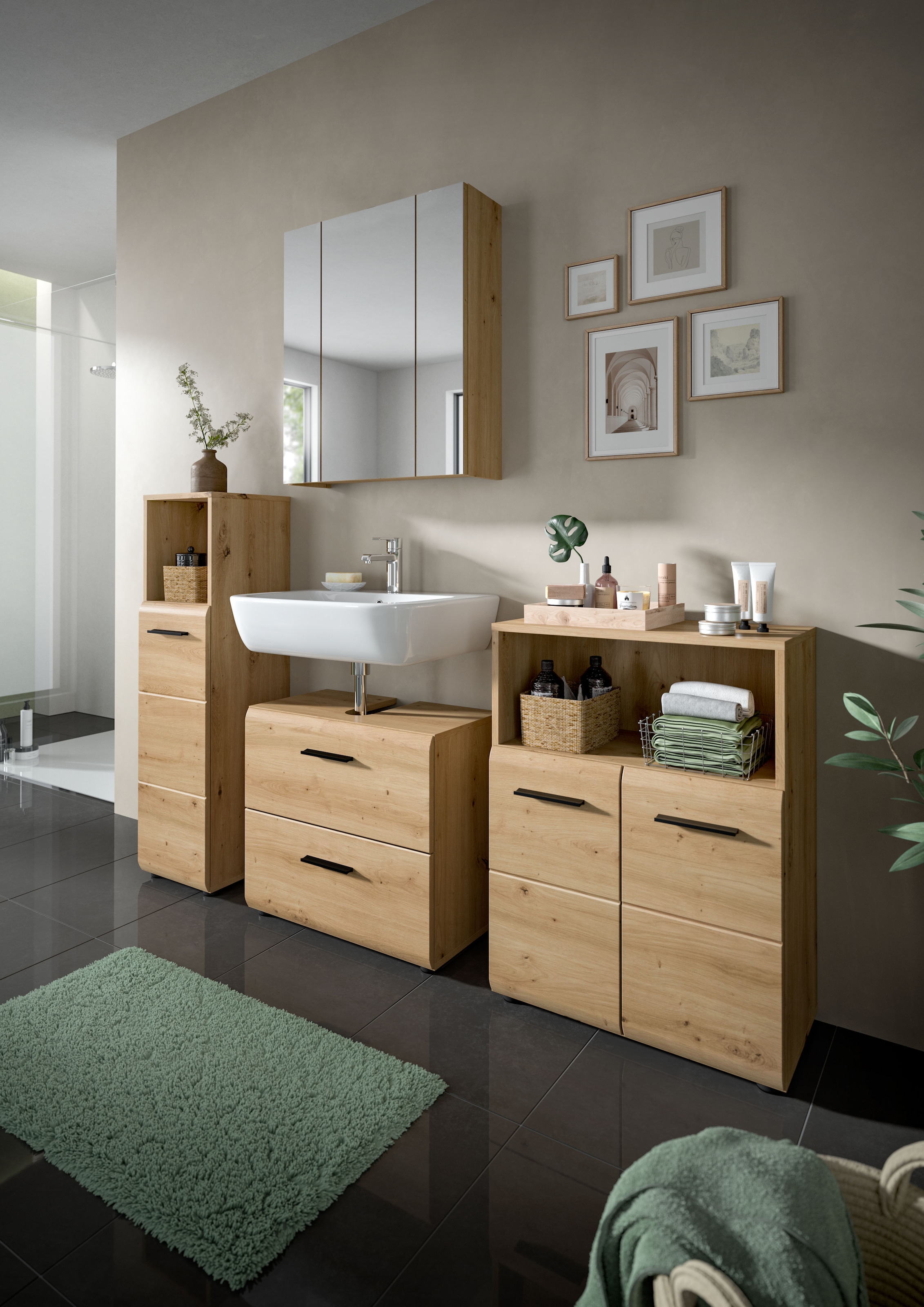 INOSIGN Badmöbel-Set »FLORENZ, TOPSELLER!, 4-teilige Badkombination, hochwertige MDF-Front«, (Set, 4 St., Midischrank hoch, WBU, Spiegelschrank, Midischrank breit), Florenz, Badkombination 4-tlg., Artisan Oak NB, Standschrank, WBU