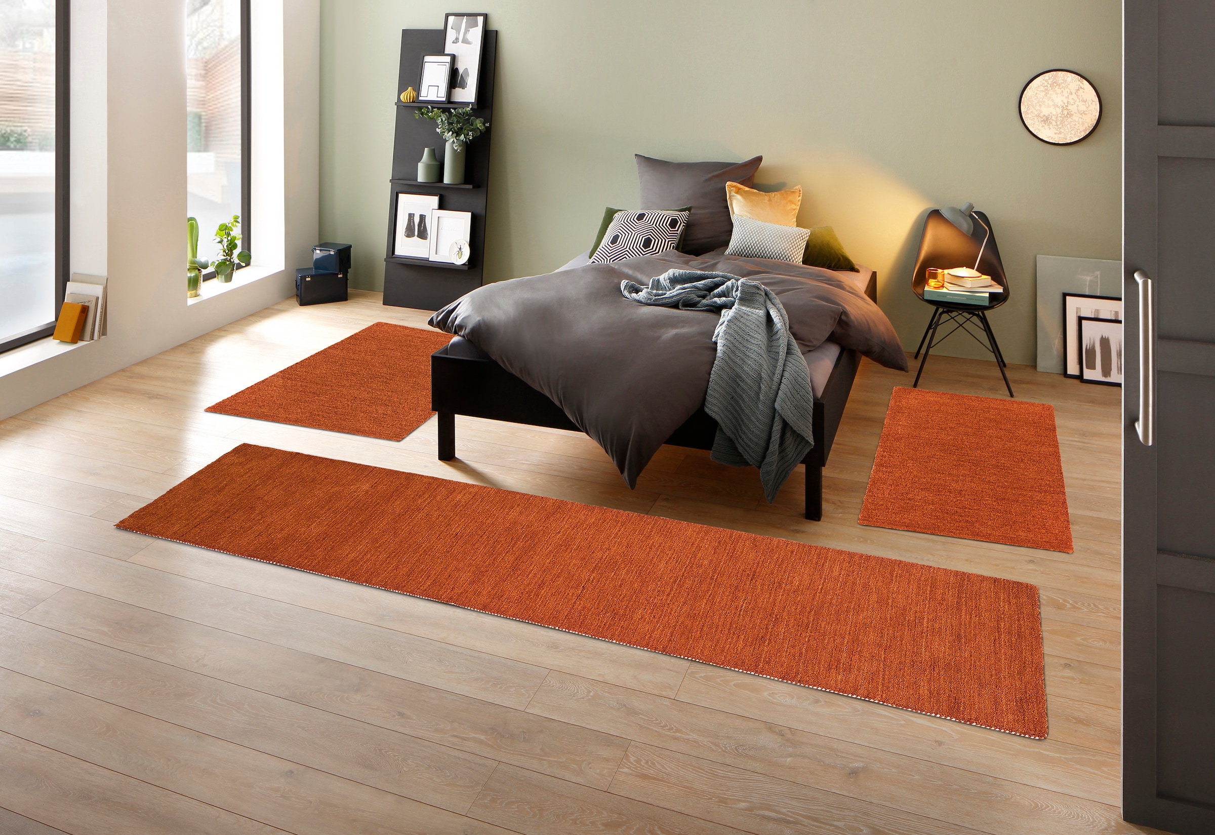 THEKO Bettumrandung »Gabbeh Uni, Handweb Teppich, meliert, reine Wolle« Höhe 14 mm 3 Stk. tlg. Bettvorleger, Uni-Farben, handgewebt, Läufer-Set, Schlafzimmer