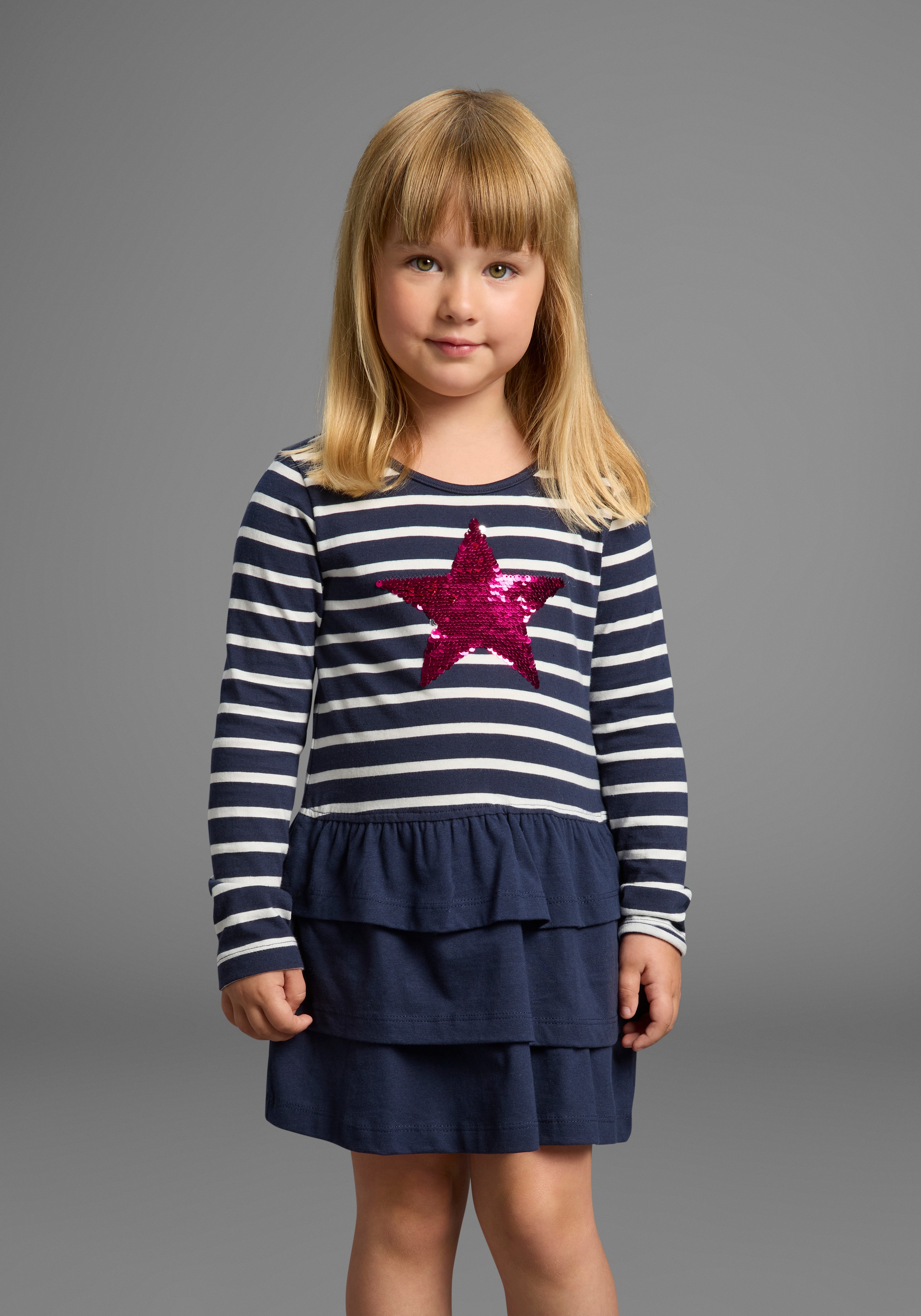 KIDSWORLD Jerseykleid »für kleine Mädchen« für Partys und besondere Anlässe, kniefreie Länge, modischer Stil marine-geringelt 116/122 - N-Gr N-Gr...